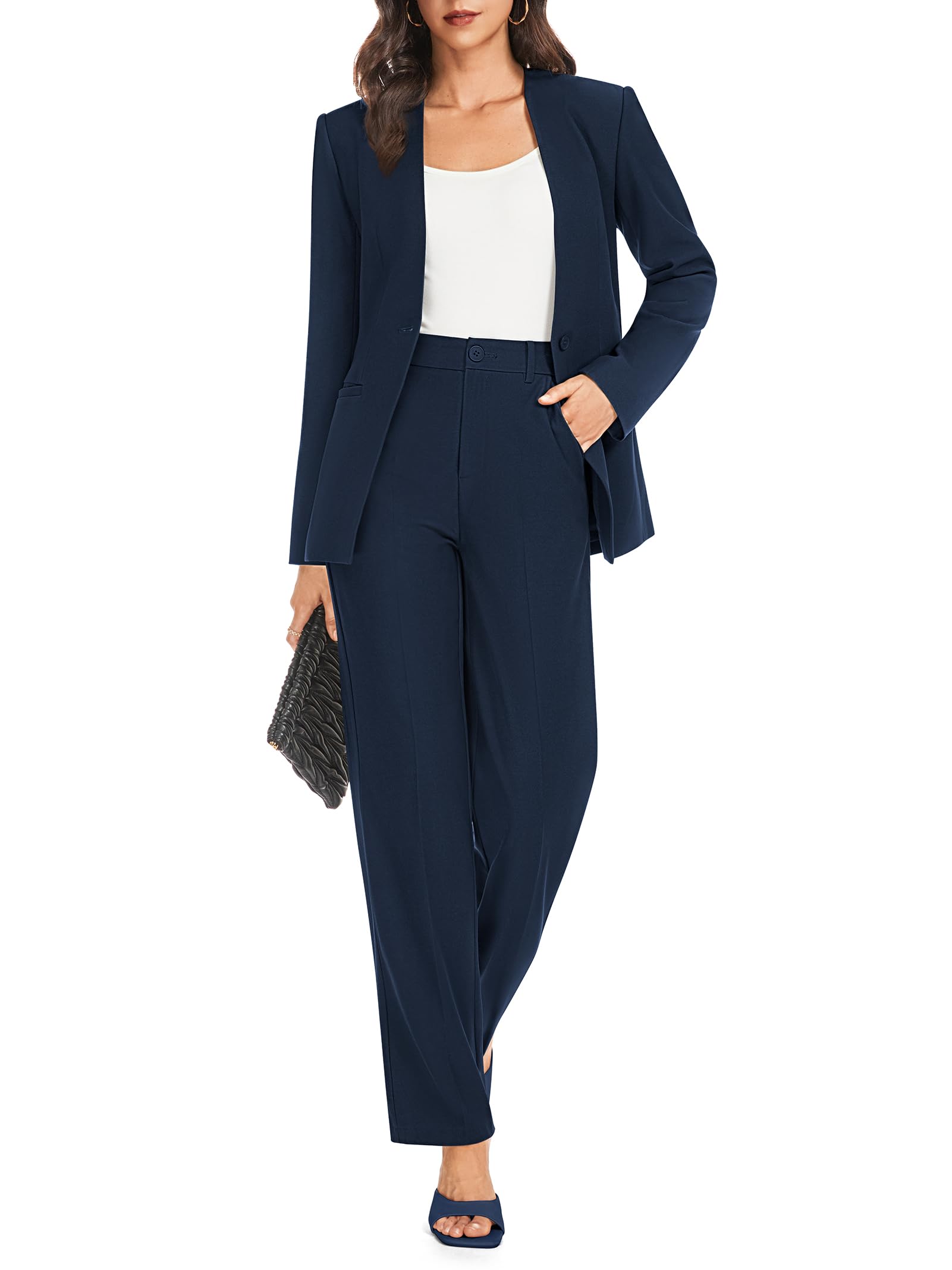 Casly Lamiit Womens 2 Piece Business Casual Outfits Collarless Blazer Jacket Wide Leg Work Pants Dressy Suit Set
