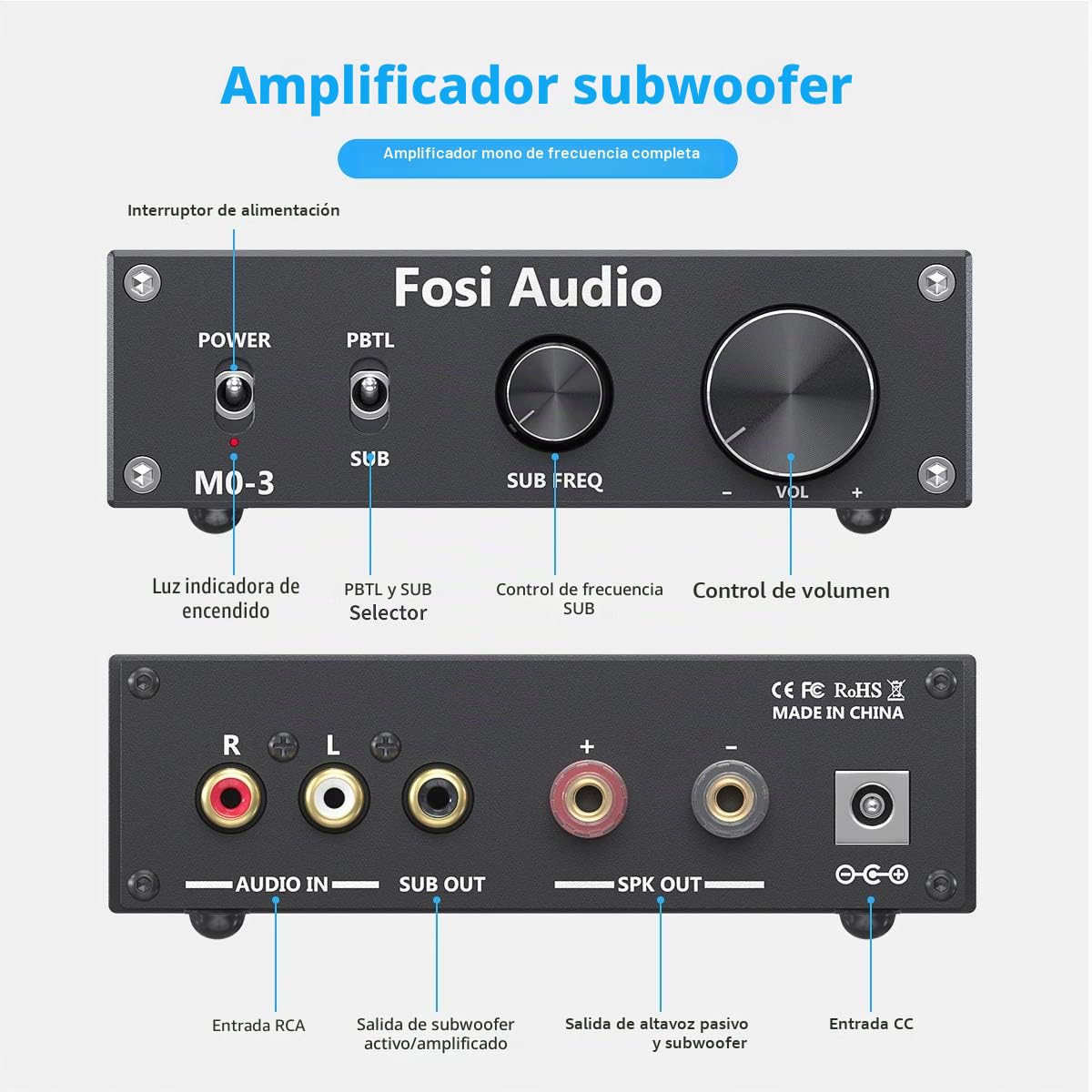 Fosi Audio M03 TPA3255 200W Subwoofer Amplificador Mini Amplificador de Potencia Audio Mono para Cine en Casa Frecuencia Completa y Graves SUB Conmutables con Fuente de Alimentación de 32V/5 A