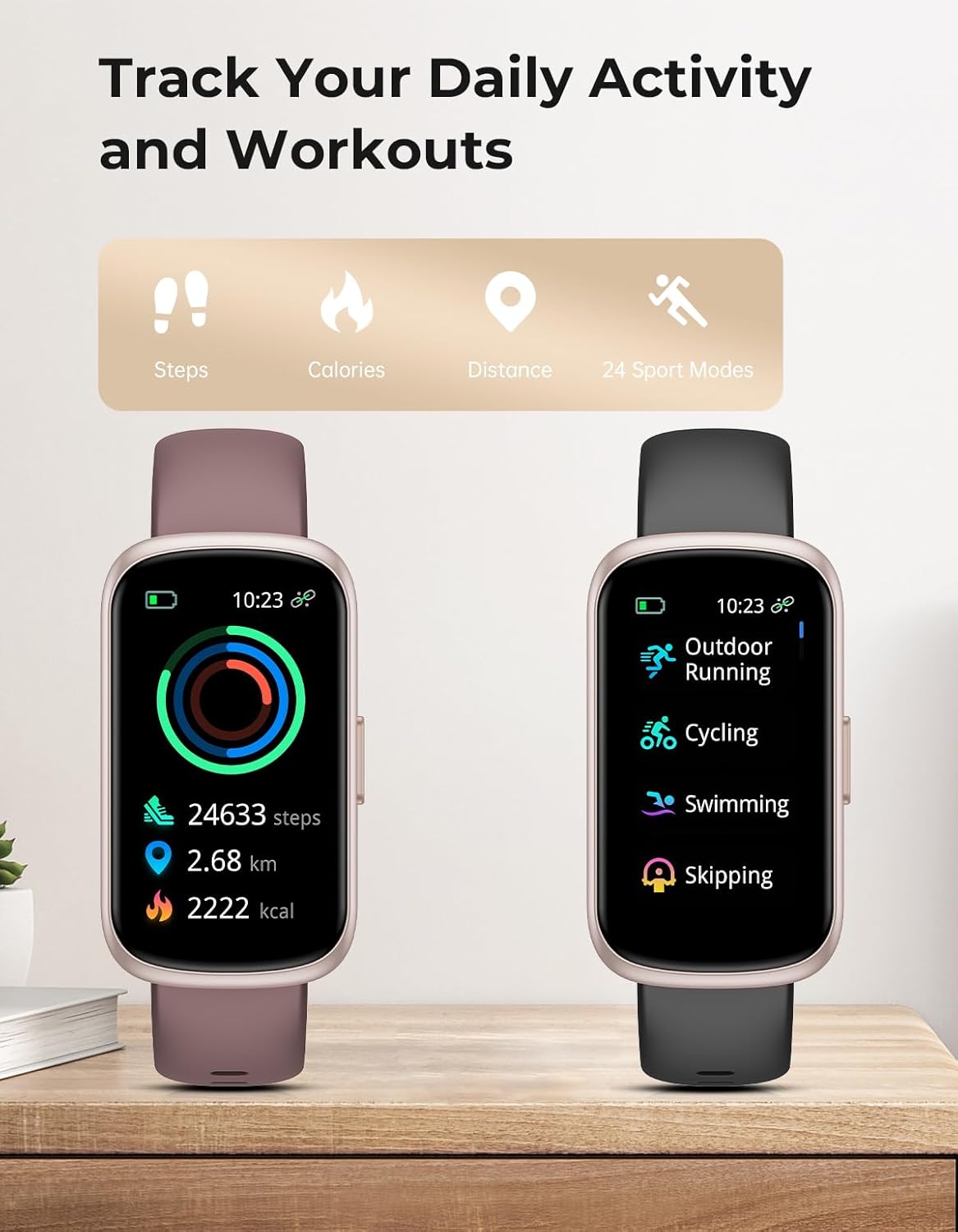 Fitness Tracker with 24/7 Heart Rate Monitor, Sleep Tracker - 3 ATM Waterproof Fitness Watch Calorie Step Counter Smart Watch Includes 3 Sport Bands for Android iOS Women Men, Mystic Rose/Black