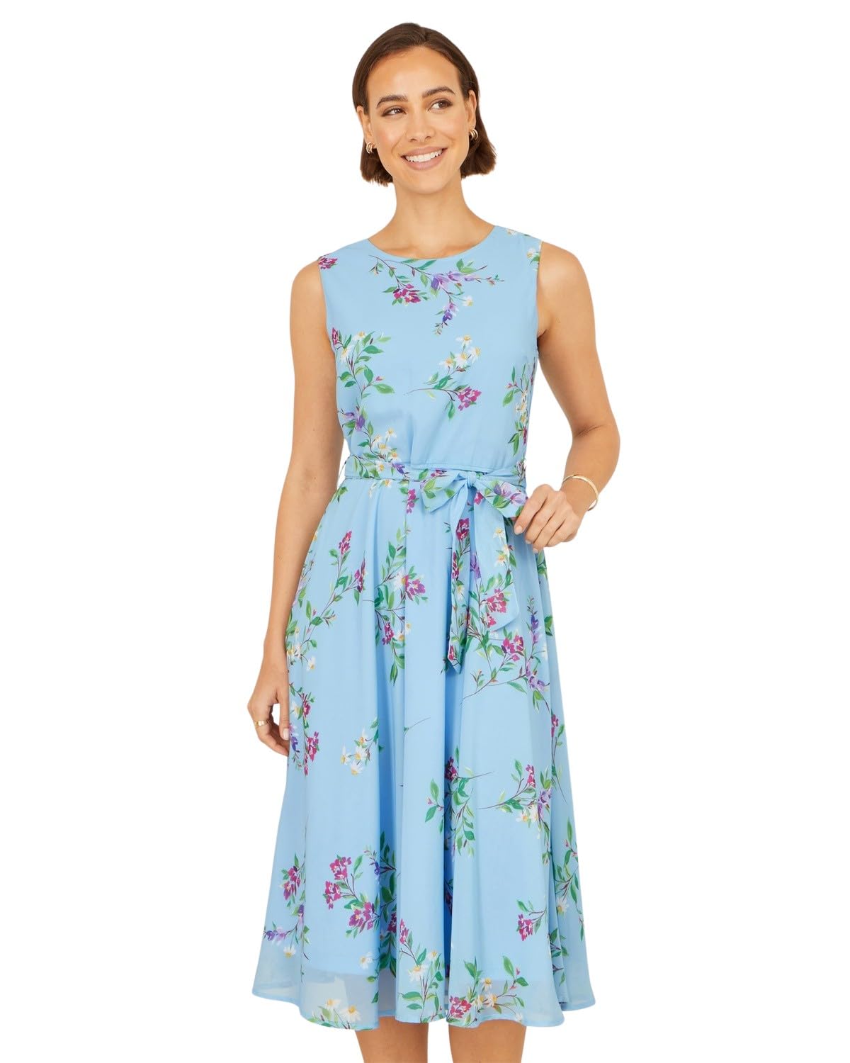 Yumi Women's Blue Floral Print Midi Skater Dress (Uk, Numeric, 12, Regular, Regular, )