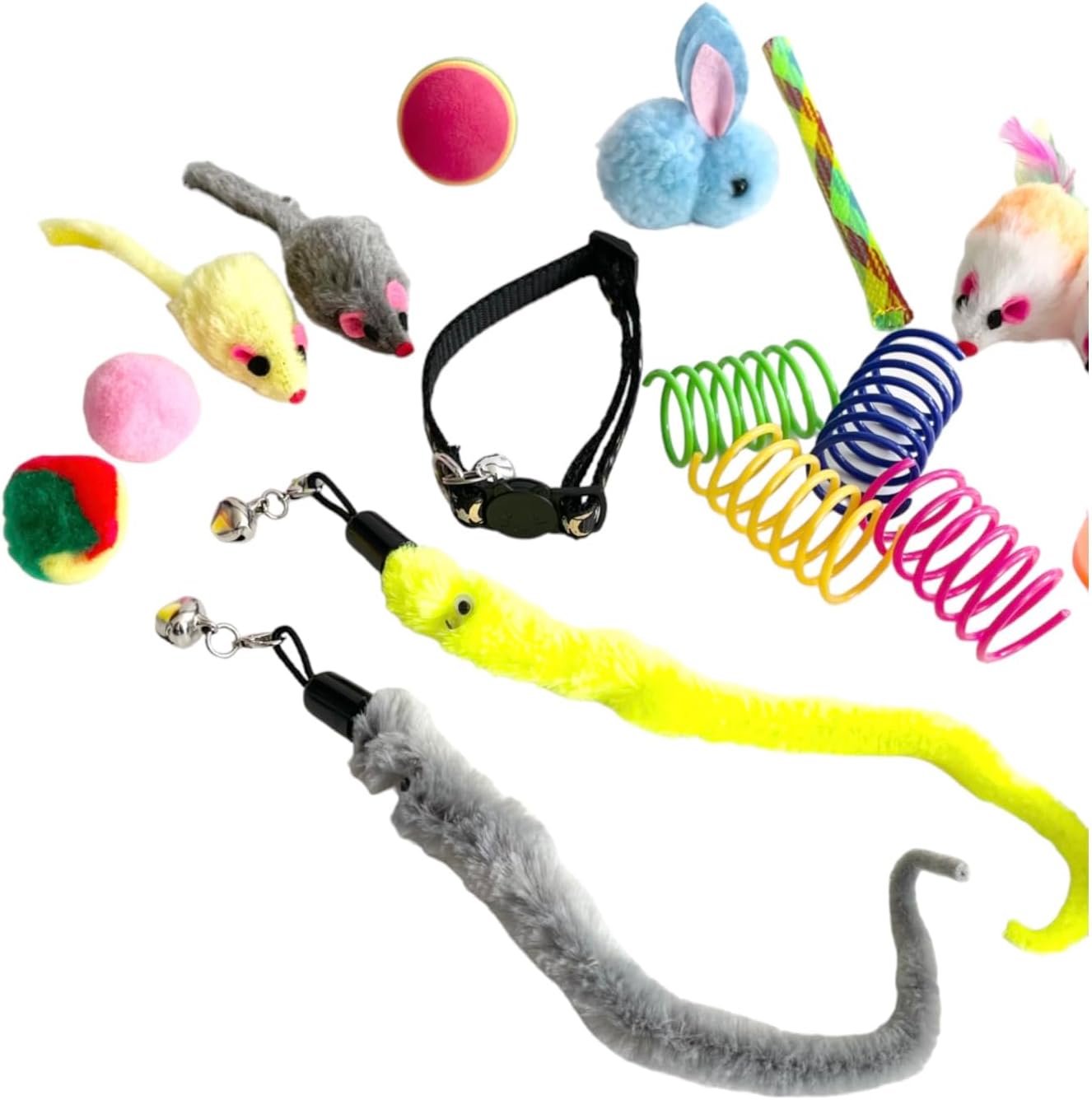 Cat Kitten Toys 16 Assortment Interactive Set with Cat Collar Silicone Pet Hair Remover Crinkle Ball Mesh Tube Plush Pom Pom Balls Spiral Springs Rattle Mice Plush Bunny