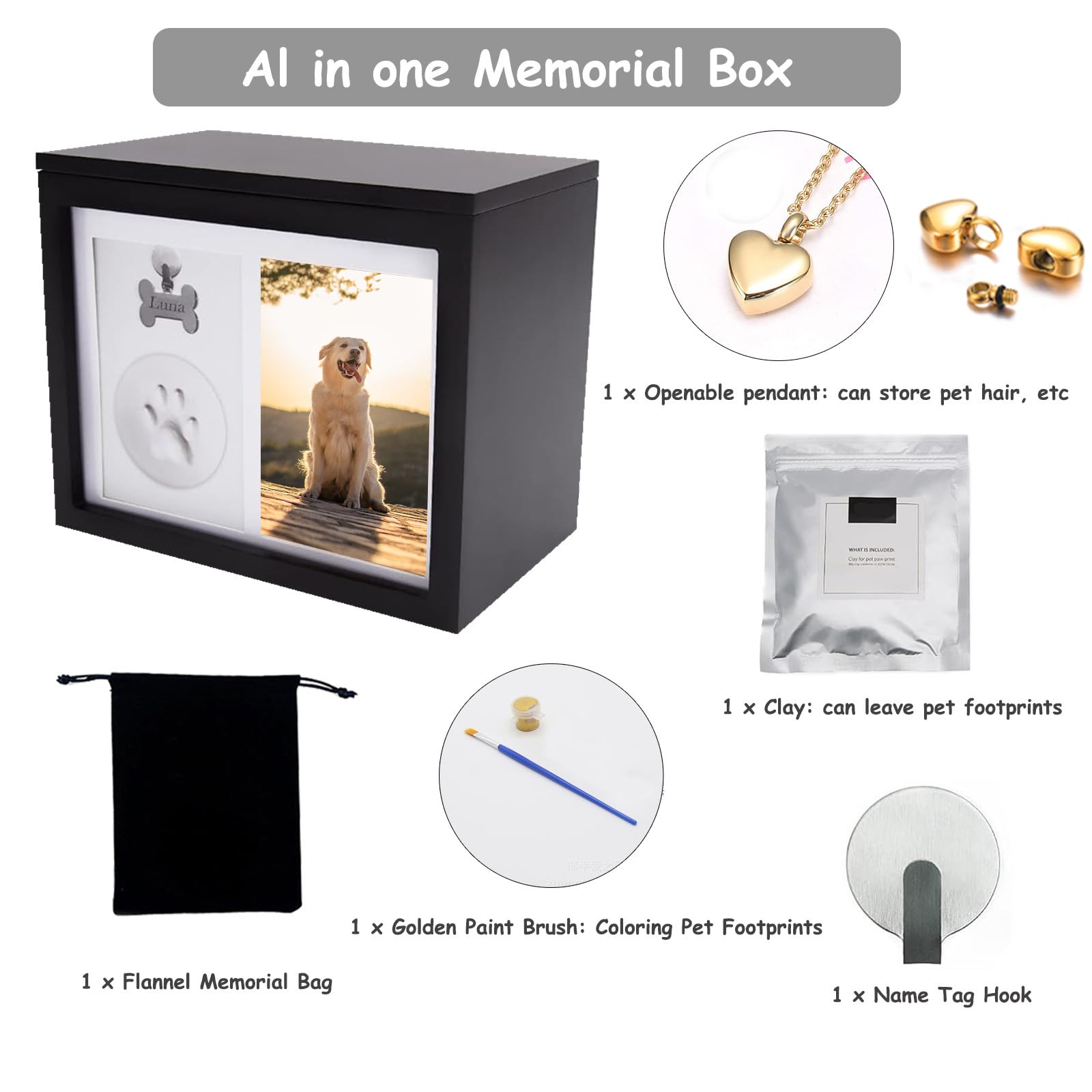 Qunaawa Pet Urns for Dog or Cat Ashes, Wooden Memorial Dog Urns Keepsake, Pet Cremation Heart Necklace, Clay Imprint Paw Print Kit, Keepsake Loss Pet Memorial Remembrance Gift