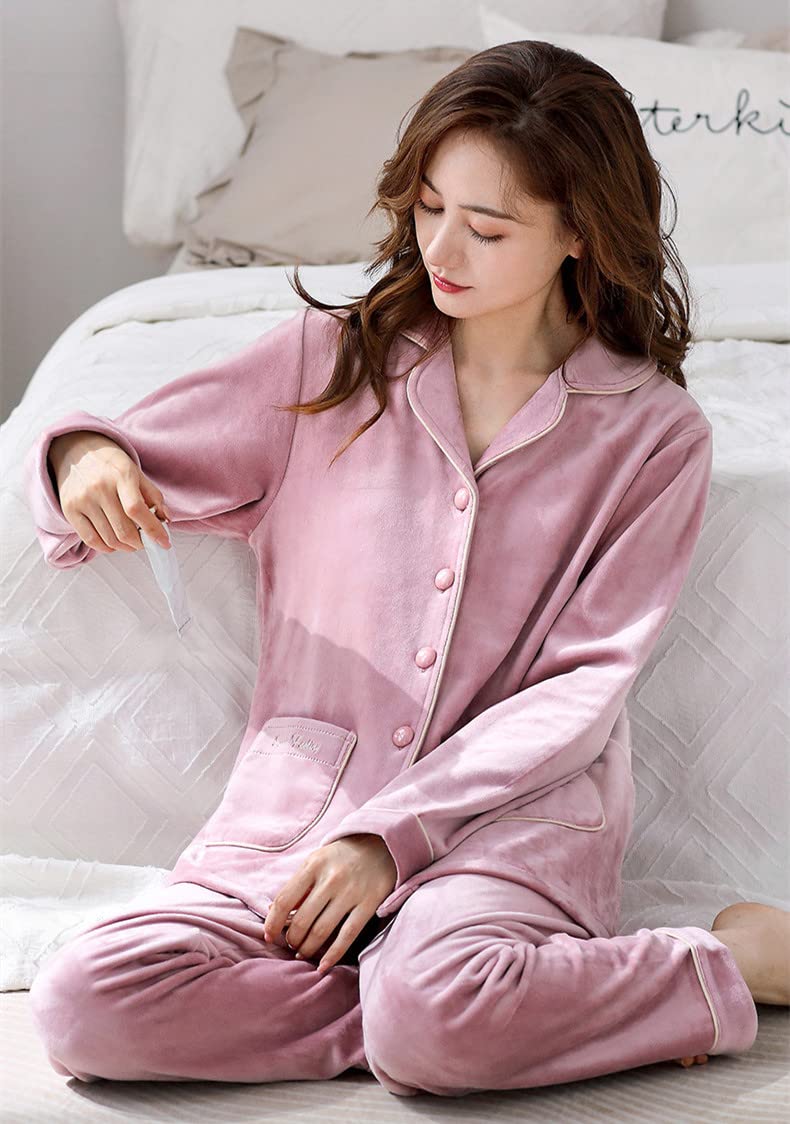 LUBOSE Conjunto de pijama de franela para mujer, ropa de descanso, 2 piezas, pijama térmico con botones, talla 3XL, rosa