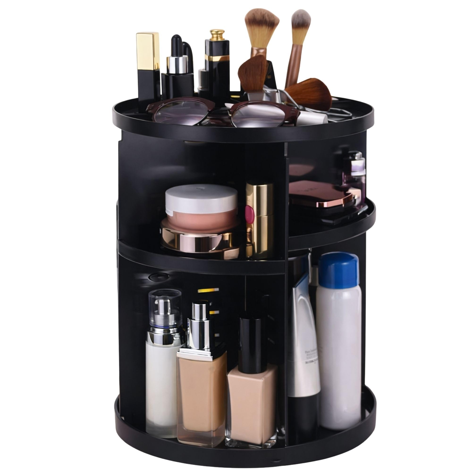 Makeup Organiser, 360 Degree Rotating Beauty Organiser for Cosmetic Perfume Jewellery, Revolving Make Up Storage with Adjustable Layers on Stand Spinning for Vanity Table Bedroom, Crystal (Black)
