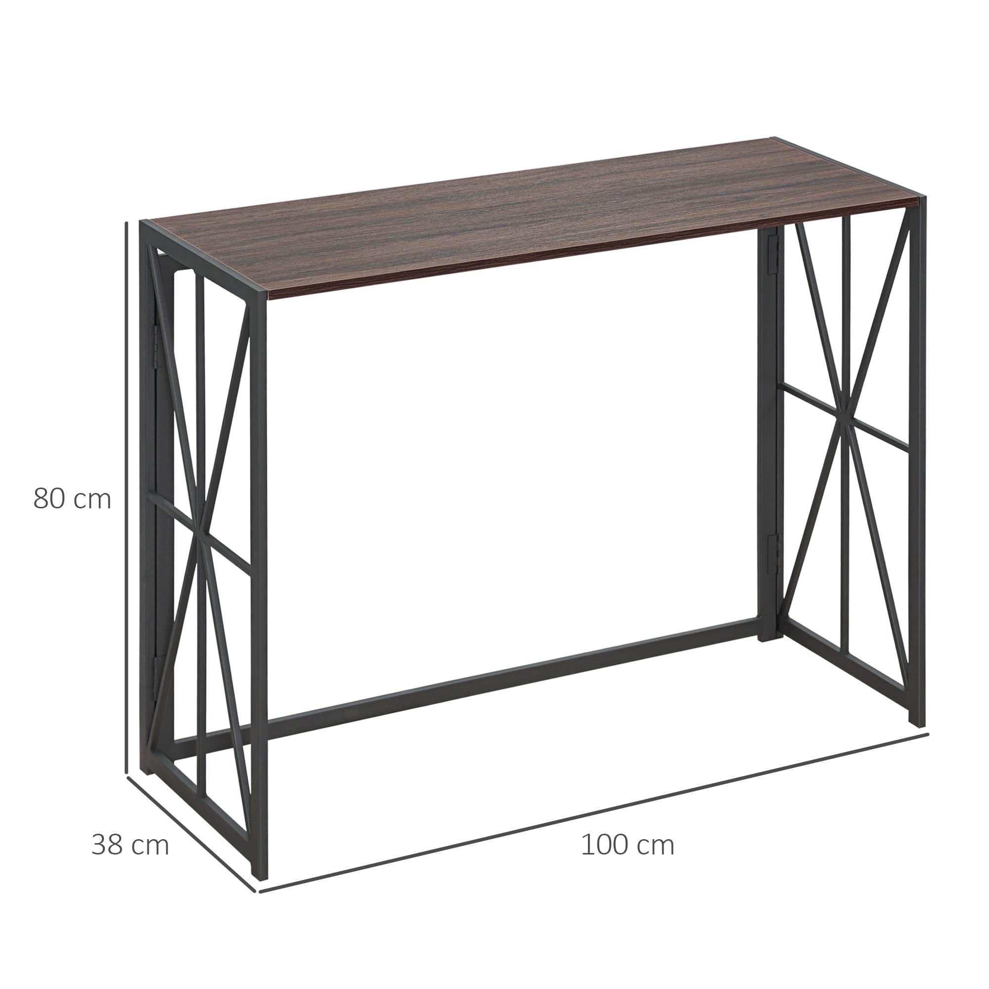 HOMCOM Tavolo Consolle da Ingresso in Stile Industriale, Tavolino Pieghevole Salvaspazio in Legno e Metallo, 100x38x80cm, Marrone