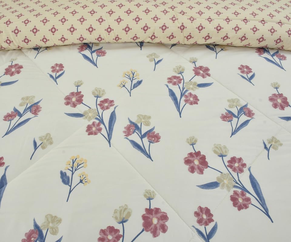 Image of Florida Maroon Floral Polycotton Double Bed AC Comforter with 1 Bedsheet & 2 Pillow Covers | Reversible 4 Pc Bedding Set