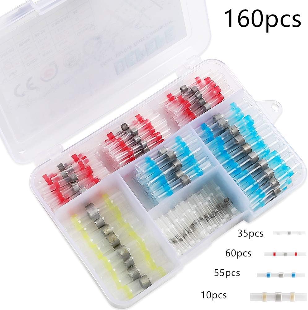 DEPEPE 160pcs Solder Seal Wire Connectors Kit Heat Shrink Butt Connectors Waterproof Insulated Electrical Wire Terminals Wire Splice for Automotive & Marine
