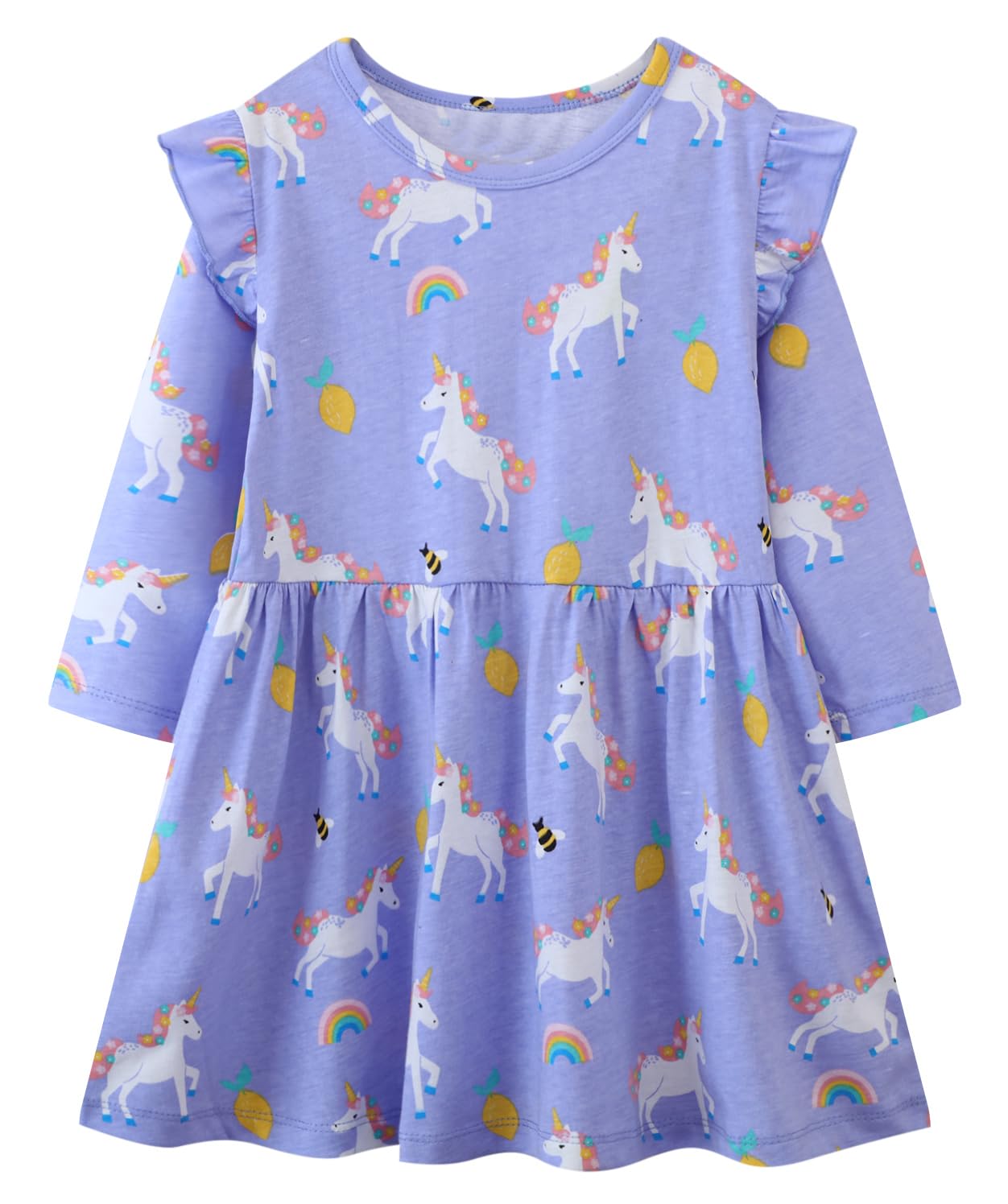Toddler Girl Dress Ruffle Long Sleeve Casual Crew Neck Unicorn Hearts Print Dress Kid Cotton Dress Clothes Age 2-7 Years