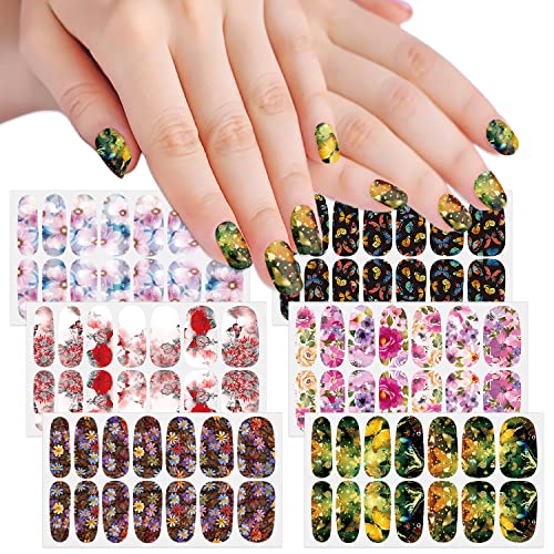 Silpecwee 6 Sheets Flower Nail Polish Stickers Full Nail Wraps For Women Color Nail Polish Strips Gel Nail Strips Stick On Nails Self Adhesive Fingernail Manicure Design With 1Pc Nail File #TOP27