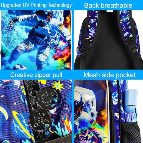 Image of HPJGD 3PCS Boys Astronaut Bookbag, Water Resistant Kids School Bag Set with Lunch Box, Cool Backpack for Elementary Preschool Toddler - Soccer Astronaut