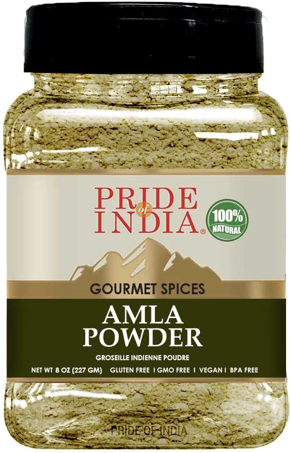 Pride of India – Amla Powder – Gourmet Spice – Tangy & Savory – Pure Indian Gooseberry Ground – Antioxidant Rich – GMO/Gluten Free – Easy to Use – 7 oz. Medium Dual Sifter Jar