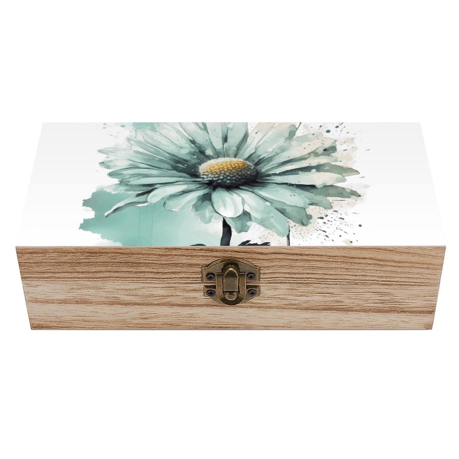 Ahdyr As Pic Wooden Storage Box With Hinged Lid And Front Clasp Large Mint Green Watercolor Daisy Jewelry Box Wooden Storage Bins Office Desk Organizer