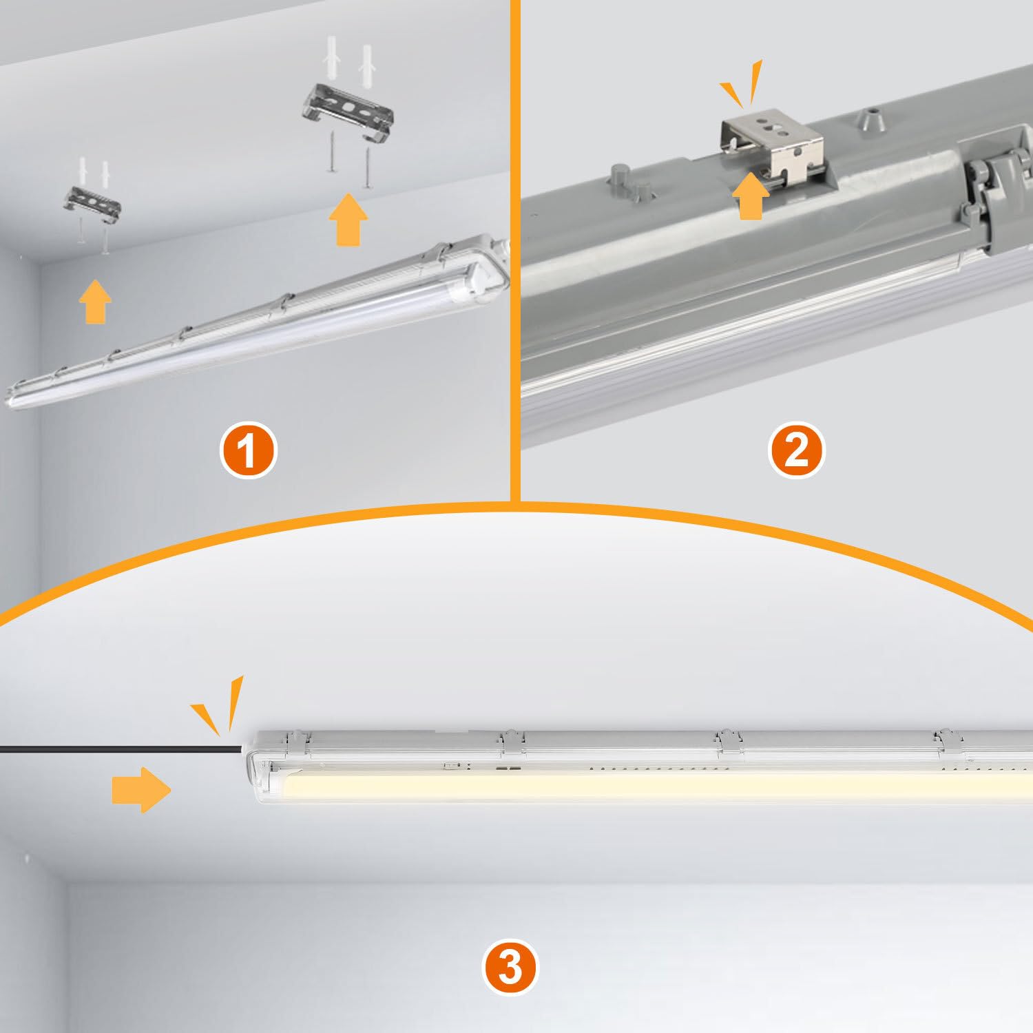 6er Set 120cm LED Feuchtraumleuchte, IP65 Wannenleuchte Gehäuse inkl. 18W T8 Röhren (1800lm), 4000K Neutralweiß, Deckenlampe für Garage & Werkstatt
