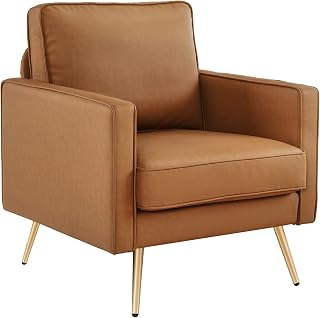VINGLI Modern PU Leather Accent Chair for Living Room,Bedroom Comfy Chair Arm Chair Reading Chair with Golden Metal Legs and Deep Seat for Office,Apartment,Small Space,Cognac