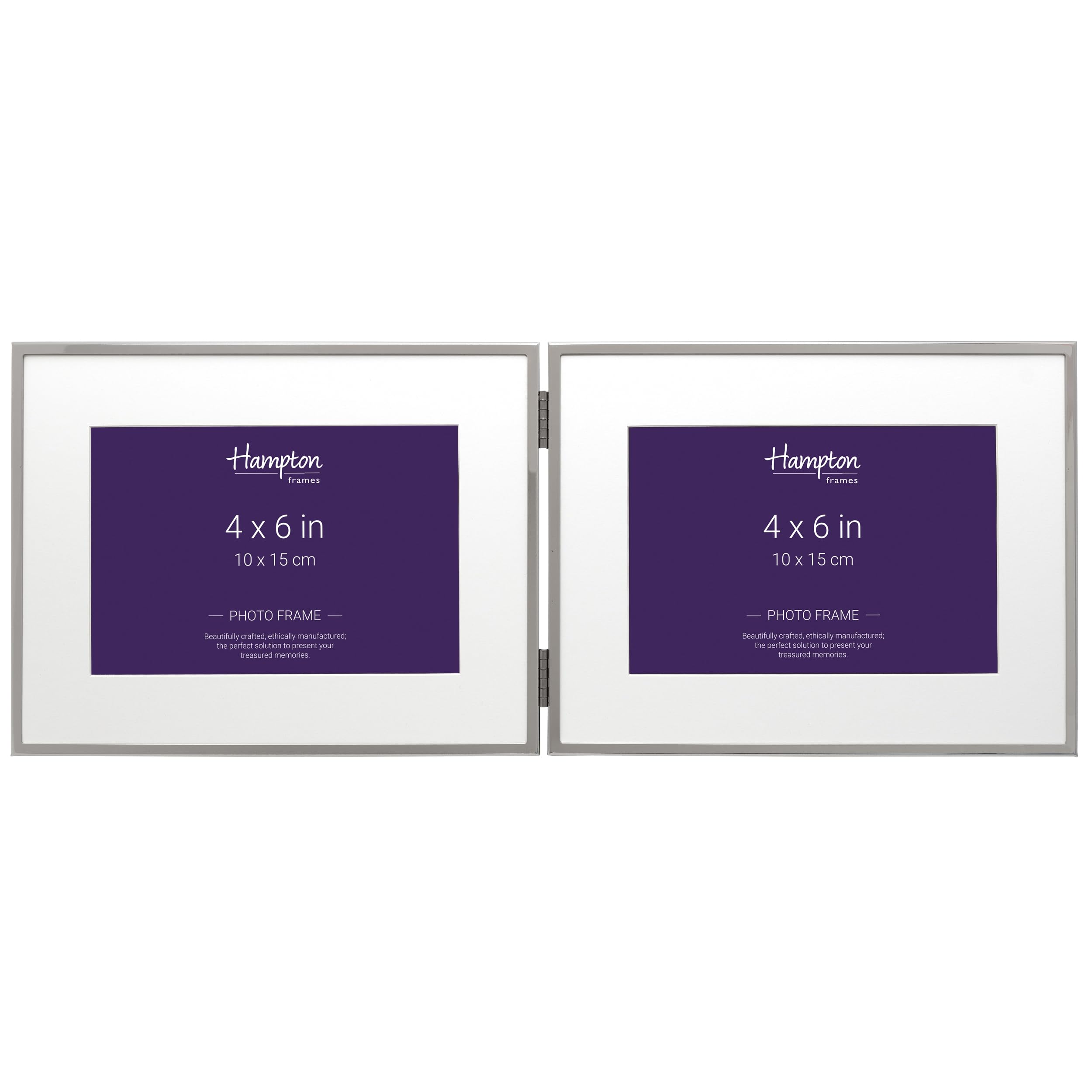 Hampton Frames Silver Mayfair Plate Double Photo Frame Bsn13846hd | 4X6 (10X15cm), Horizontal, Landscape, Hinged, Bevel Cut Mount, Velvet Effect Back | Elegant Display, Lasting Shine
