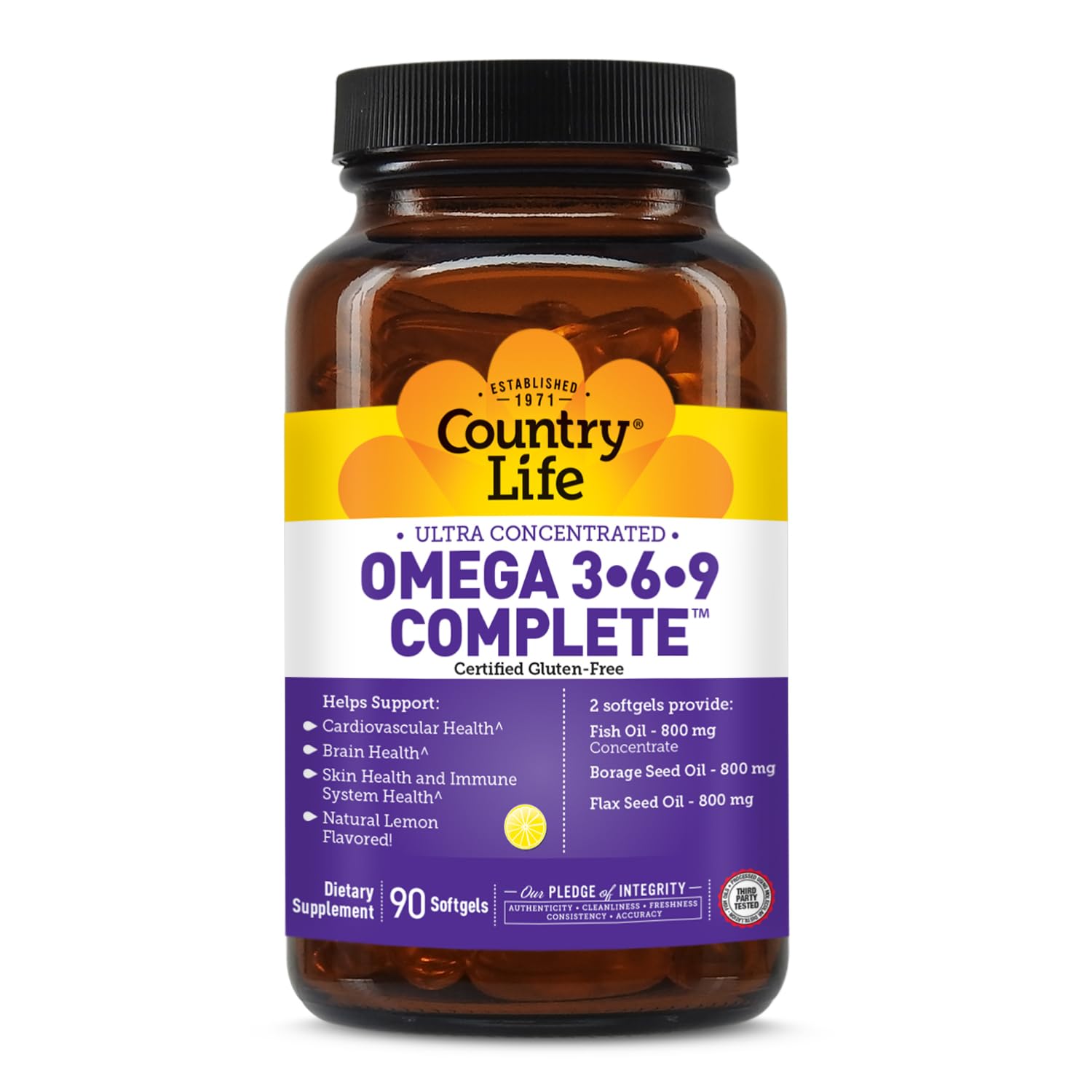 Country Life Omega 3-6-9 Complete Supplement - 1,534mg Omega Fatty Acids - Supports Cardiovascular, Brain, Skin & Immune Health - Certified Gluten