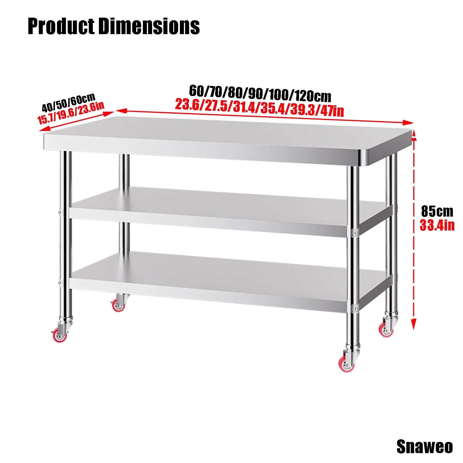 Tavolo da Lavoro Commerciale in Acciaio Inox su Ruote - Tavolo da Cucina a 3 liveparazione degli Alimenti, Piano di Lavoro Durevole 60x40x80 cm, Ideale per ristoranti e Catering, 70x60x80 cm