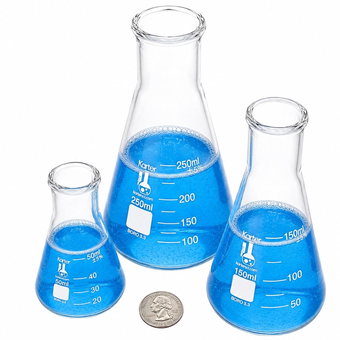 Juego de frascos Erlenmeyer de cristal, 3 tamaños, 50, 150 y 250 ml, Karter Scientific