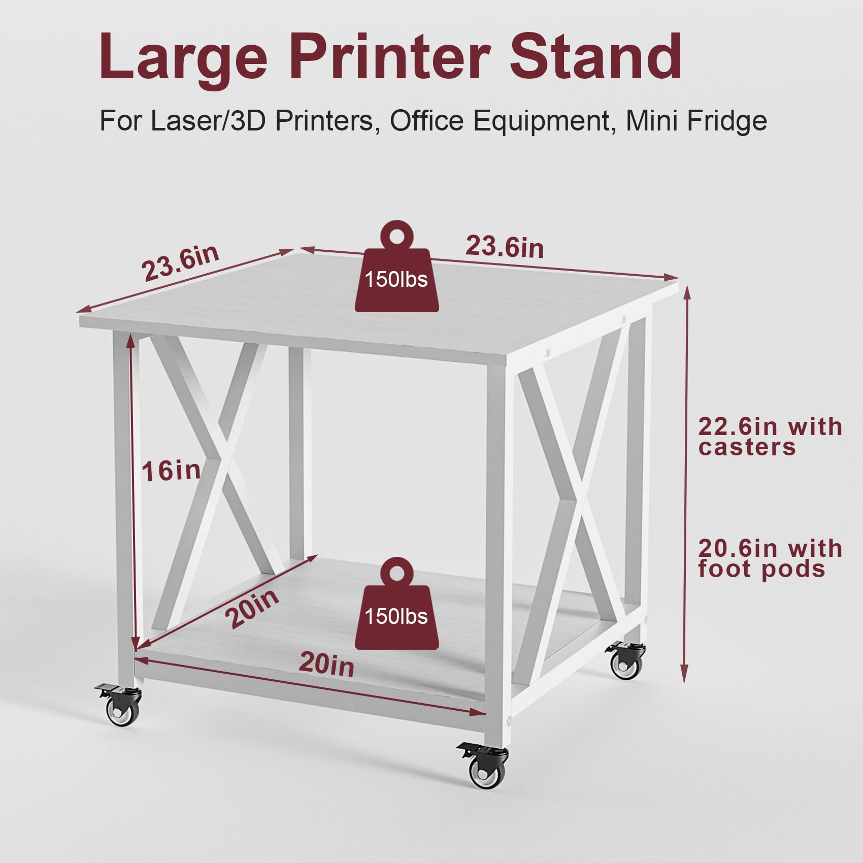 Carrito de impresora grande de 2 niveles y mesa de impresora con ruedas, soporte móvil de madera de 23.6 x 23.6 pulgadas para almacenamiento - para equipo de oficina en casa, lavadora/secadora 2