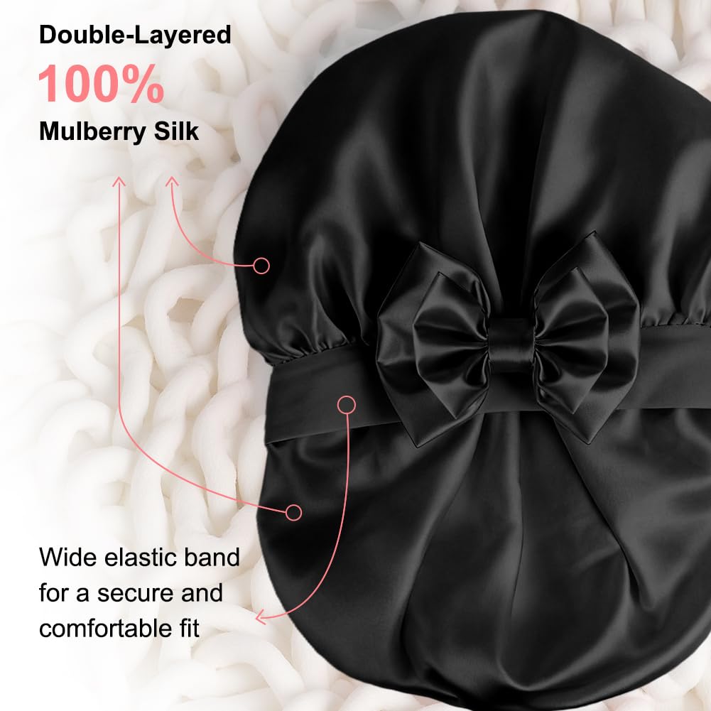 Bonnet Satin Cheveux Nuit avec Double couche 100% Soie de mûrier 22 Momme, Bonnet Soie Cheveux Nuit, Bonnets en Satin pour Charlotte Cheveuxs Locks Bouclés, pour Femmes et Hommes