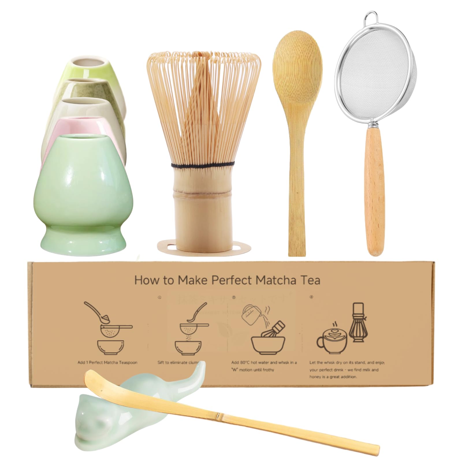 JavaNest 6-Piece Bamboo Matcha Whisk Set - Includes Chasen Whisk, Whisk Holder, Stainless Steel Sifter, Scoop, Spoon, Spoon Holder - Perfect for Traditional Japanese Matcha Preparation (Green)