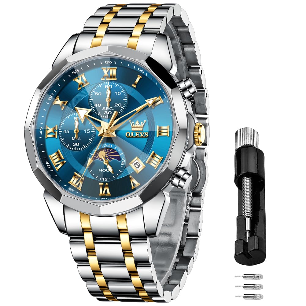 OLEVS Männer Uhr Quarz Luxus Business Uhren Multifunktion Chronograph Mondphase wasserdicht Leuchtend Edelstahl Armbanduhr