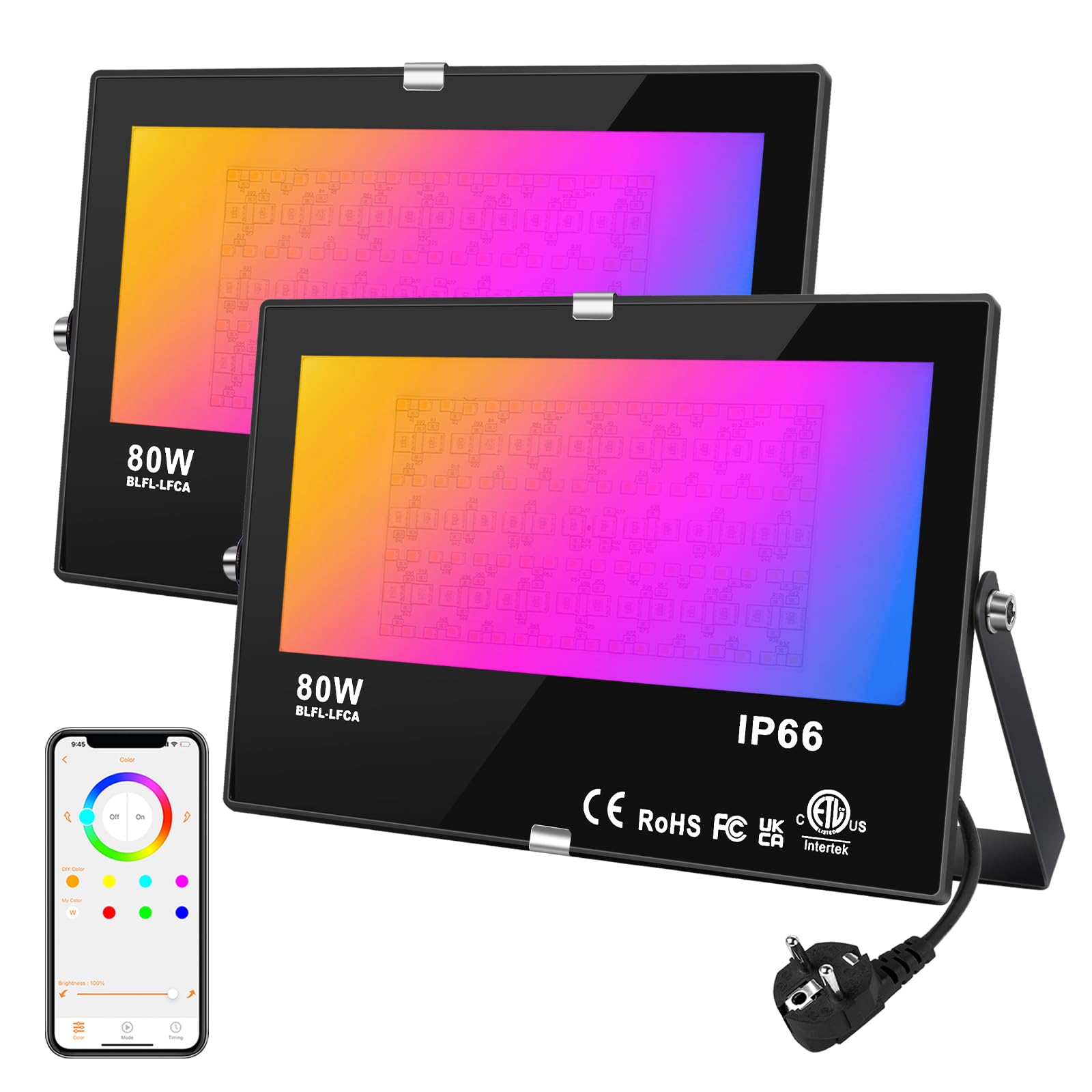DUSKTEC Focos LED Exterior RGB 80W IP66, Foco de Cambio de Color y Luz Calida Regulable Bluetooth, Outdoor Flood Light Luz de Inundación con Enchufe Inteligente Impermeable Para Interior, Jardín