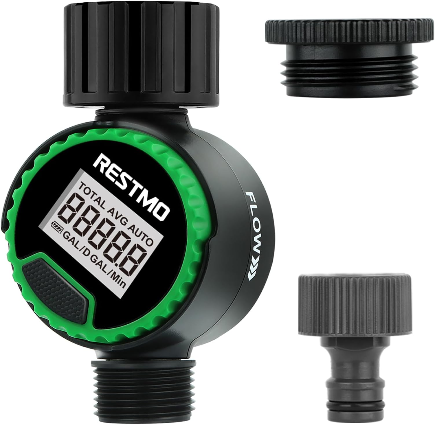 RESTMO Water Flow Meter with 360° Rotatable Control Panel, Measure Gallon/Liter Consumption and Flow Rate for Garden Hose Nozzle Watering, RV Water Tank Filling, Lawn Sprinkler, Irrigation System