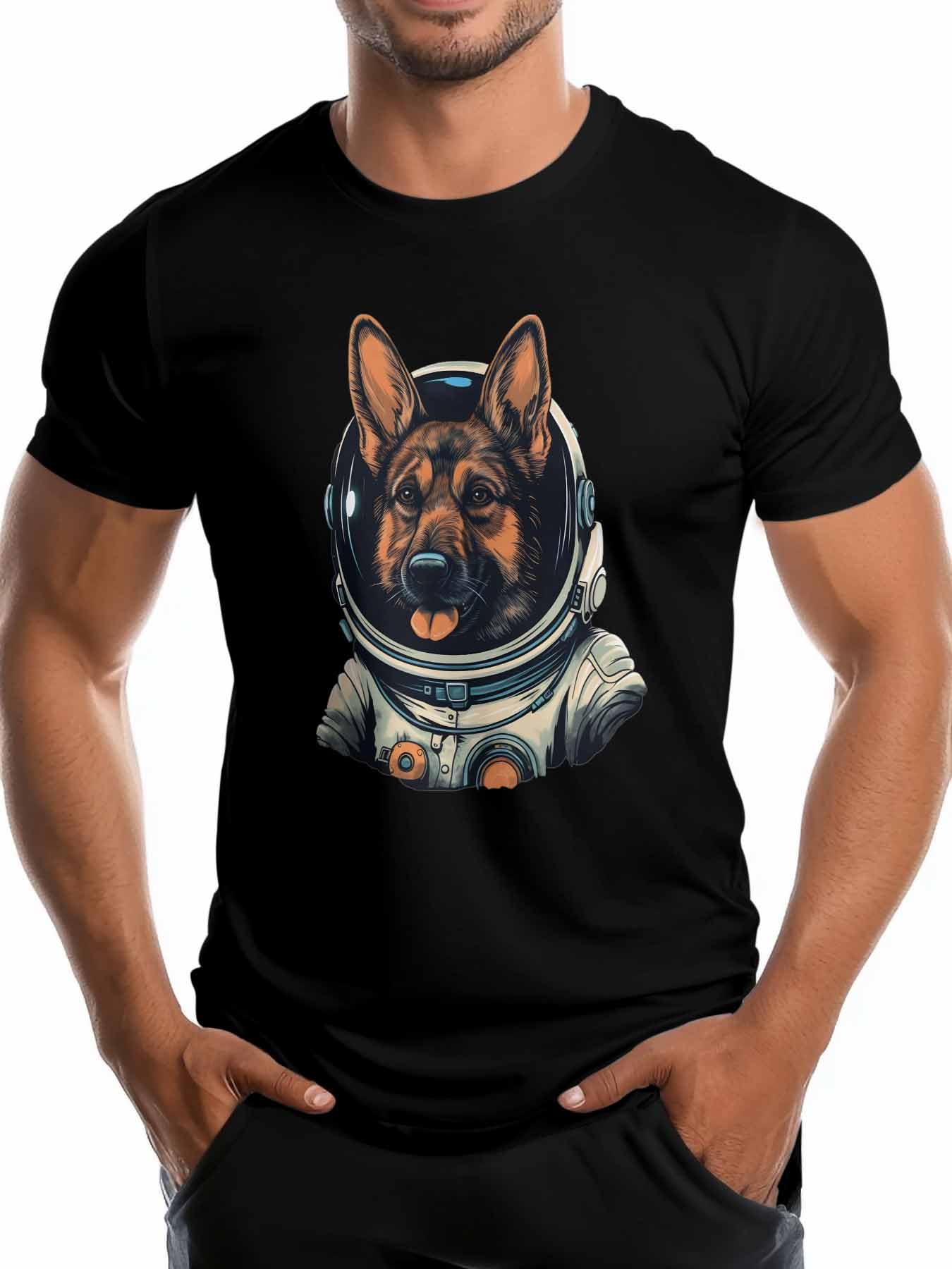 Mens T-Shirt Short Sleeve Tee Shirt Casual Tops Dog with Space Suit Crew Neck T Shirts for Men