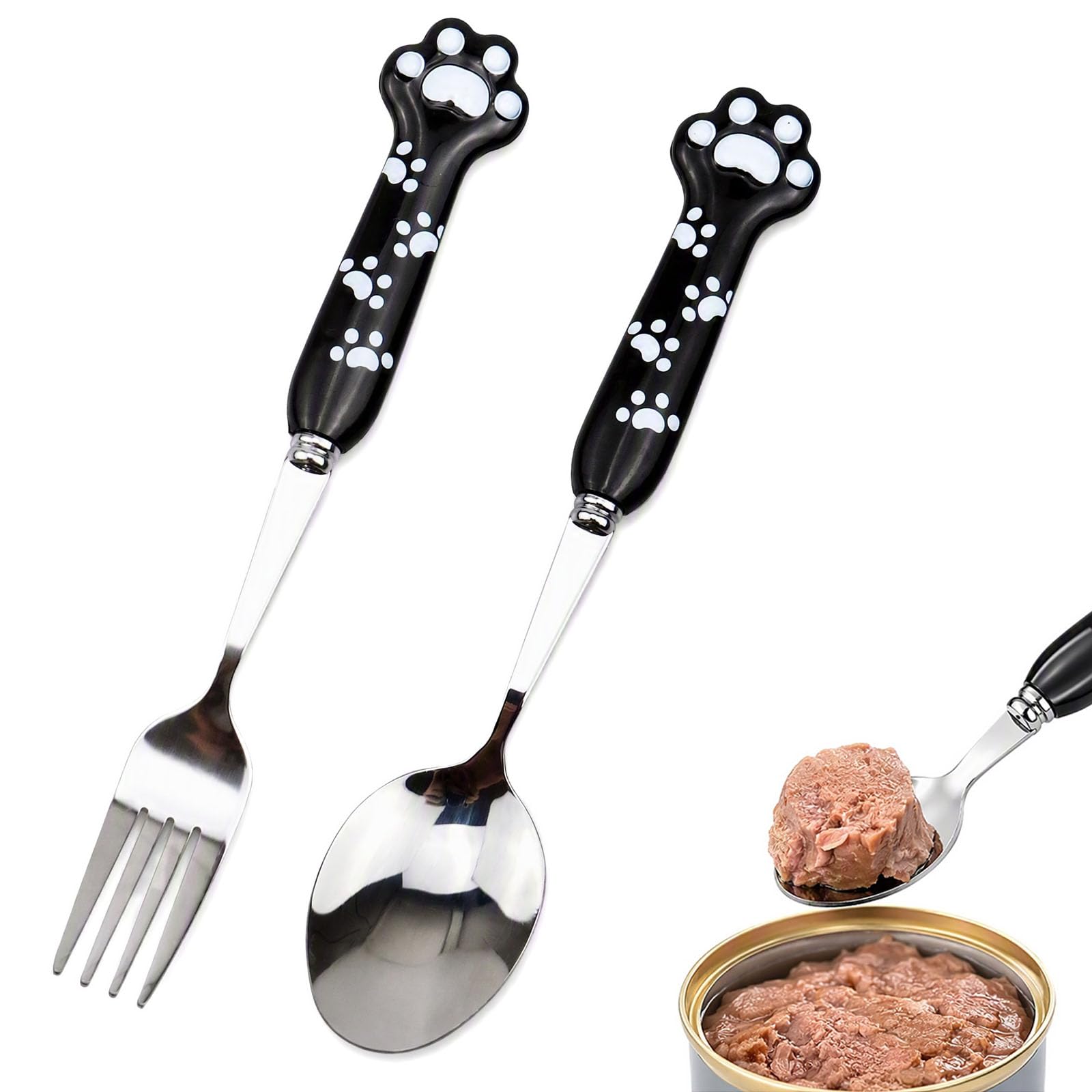 casicial Pet Food Scoop and Fork Set, 2 PCS Long Handle Stainless Steel Dog Food Spoon for Wet Food Cans, Cat Feeding Utensils with Cute Paw Design, Durable Pet Cutlery for Dogs Cats Small Animals