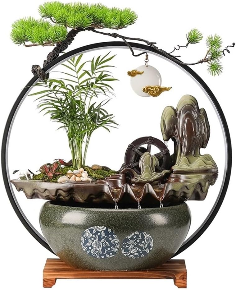 Tabletop Waterfall Fountain Indoor, Tabletop Water,Desk Chinese Ceramic with LED Light Ring Home