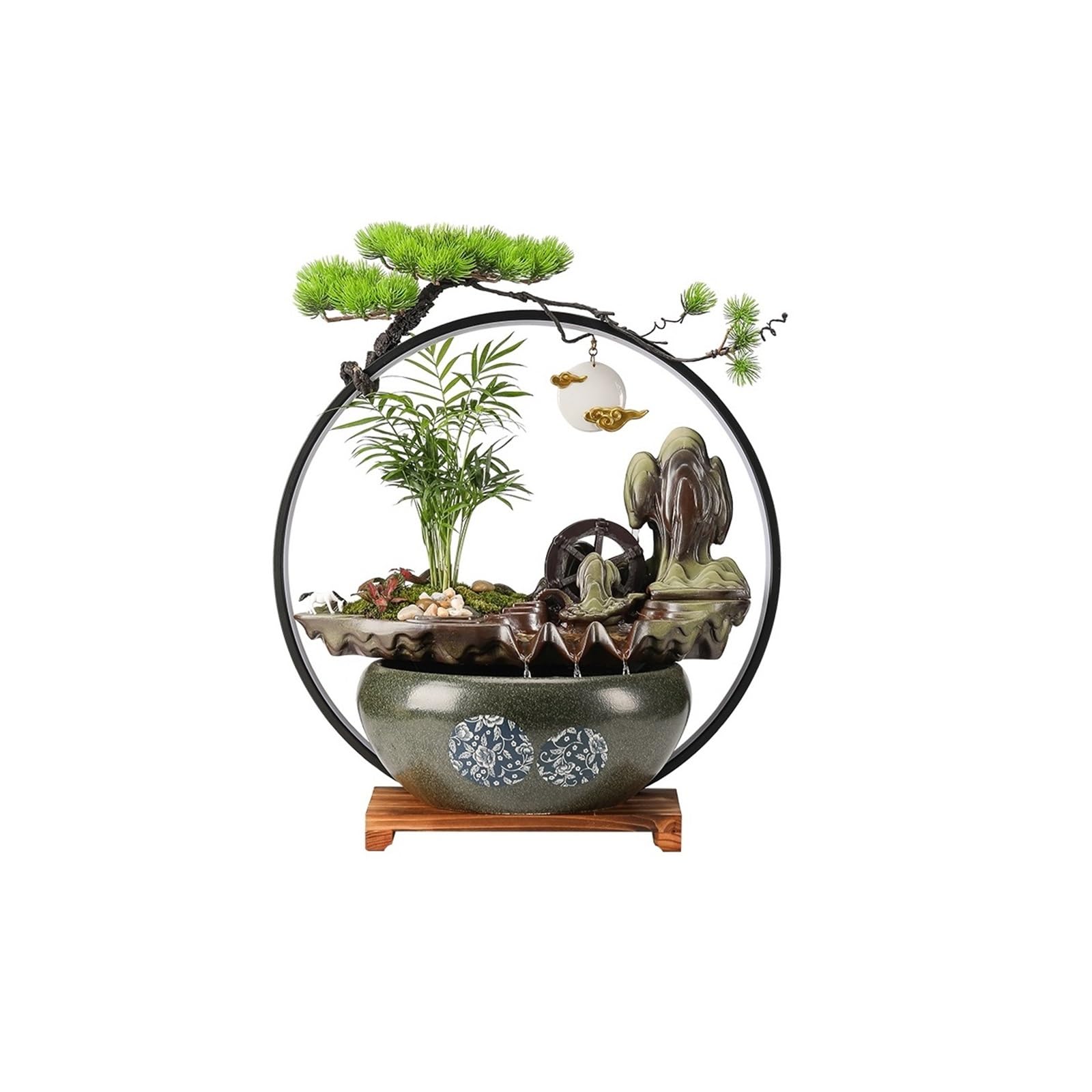 water feature Waterfall Fountain Indoor, Tabletop Water,Desk Chinese Ceramic with LED Light Ring