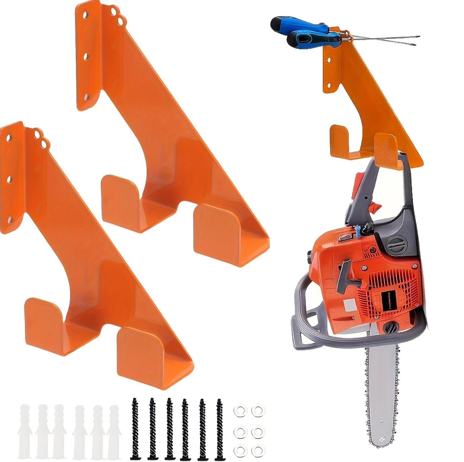 Soporte de pared para motosierra (juego de 2) – Soporte de hierro resistente hasta 68 kg, con protección de goma para asas, montaje horizontal/vertical, para garaje y taller (naranja)