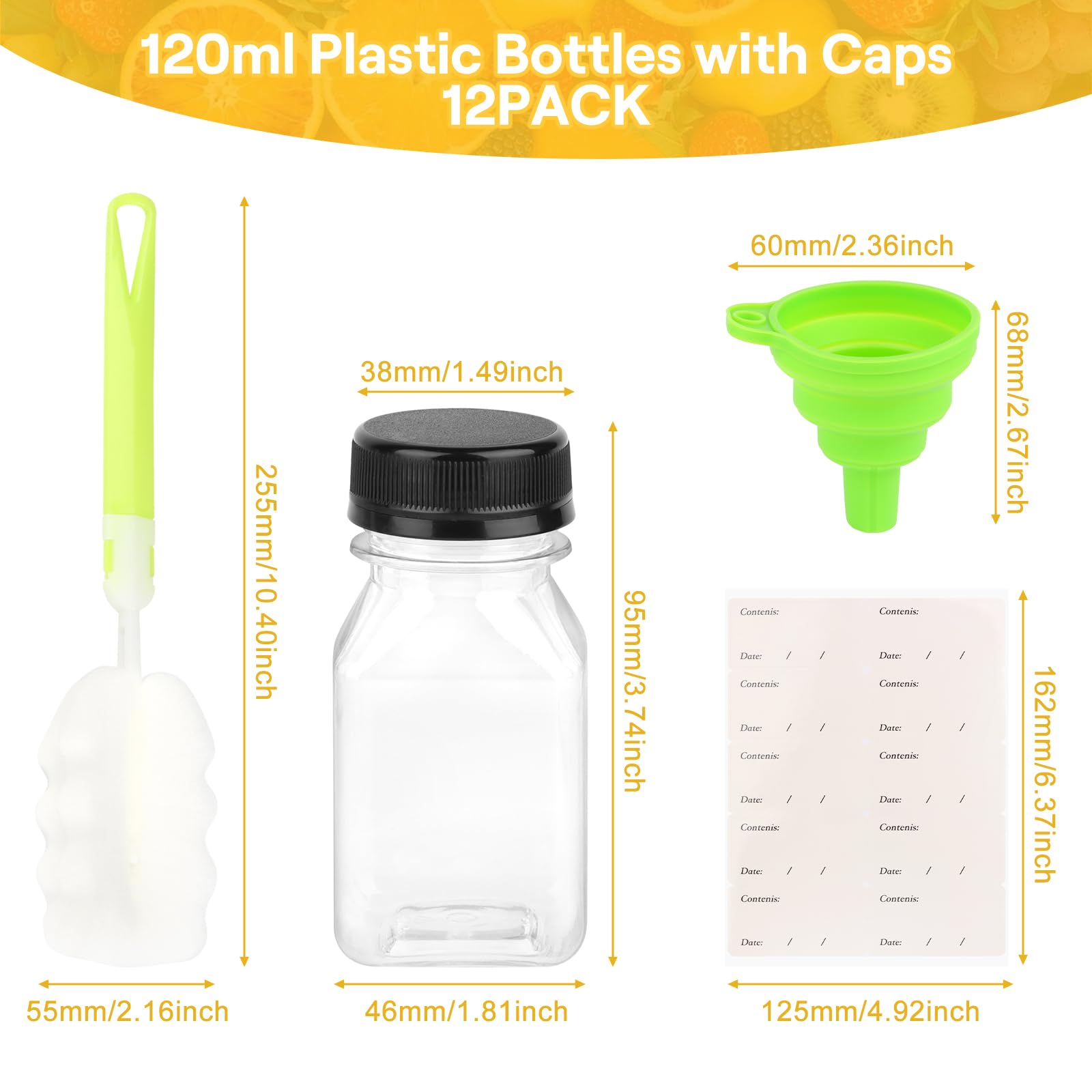 12 Bottiglie Di Plastica Per Succo 120ML - Trasparenti, Riutilizzabili, Con Coperchio Nero - Foto 10