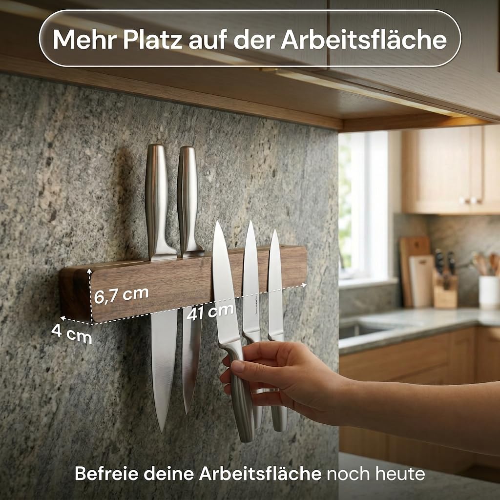 Magnetleiste Messer (41cm) aus echtem Akazienholz – Messerhalter magnetisch für schwere Messer, selbstklebend oder Schrauben – Magnet Messerhalter mit integriertem Schlitz & 3 Gewürzdosen