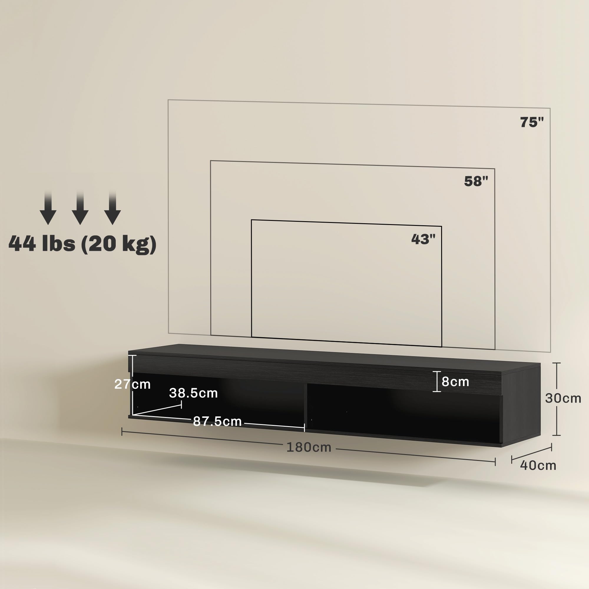 HOMCOM Mobile Porta TV fino 75" Sospeso con Luci LED 16 Colori e Modalità Regolabile con Telecomando, Mobile TV Sospeso in Legno, 180x40x30 cm, Nero