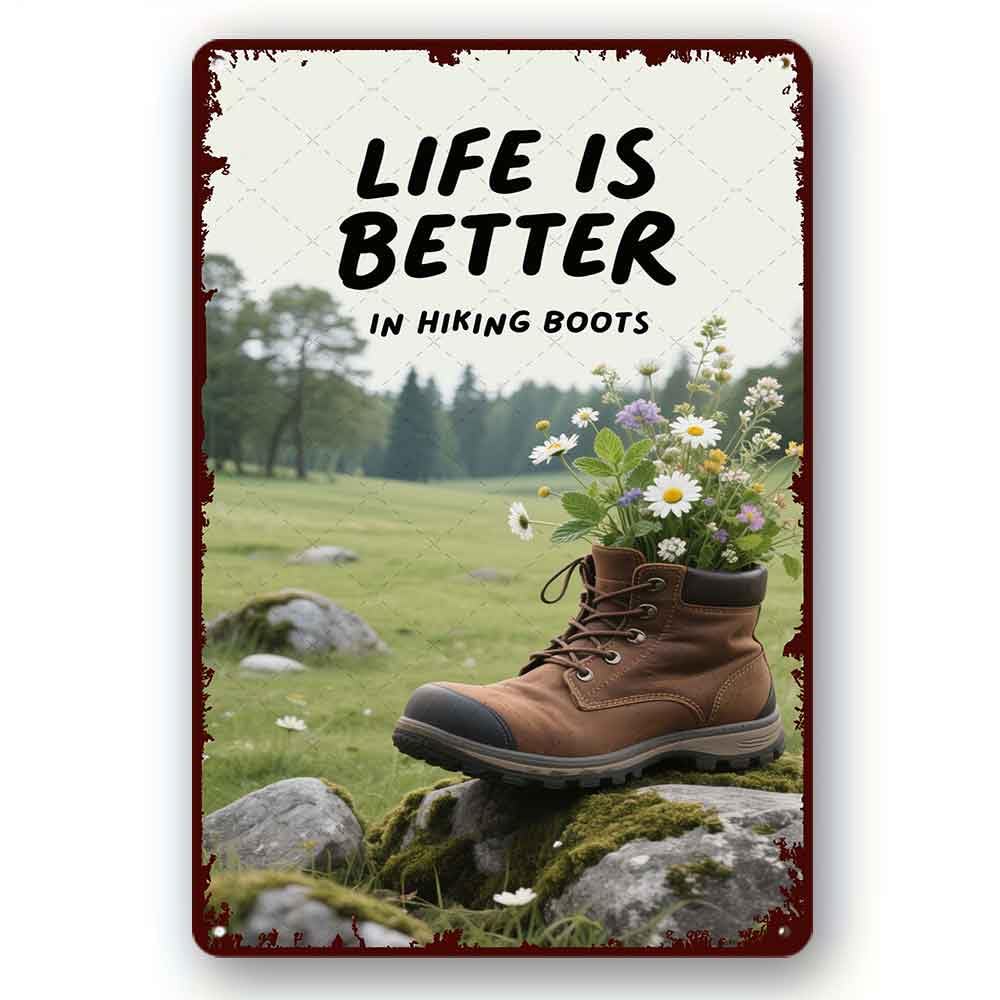 peiyeety Funny Metal Tin Sign Life Is Better In Hiking Boots Vintage For Home Outdoor Indoor Office Bar Yard Decor 8x12 Inch