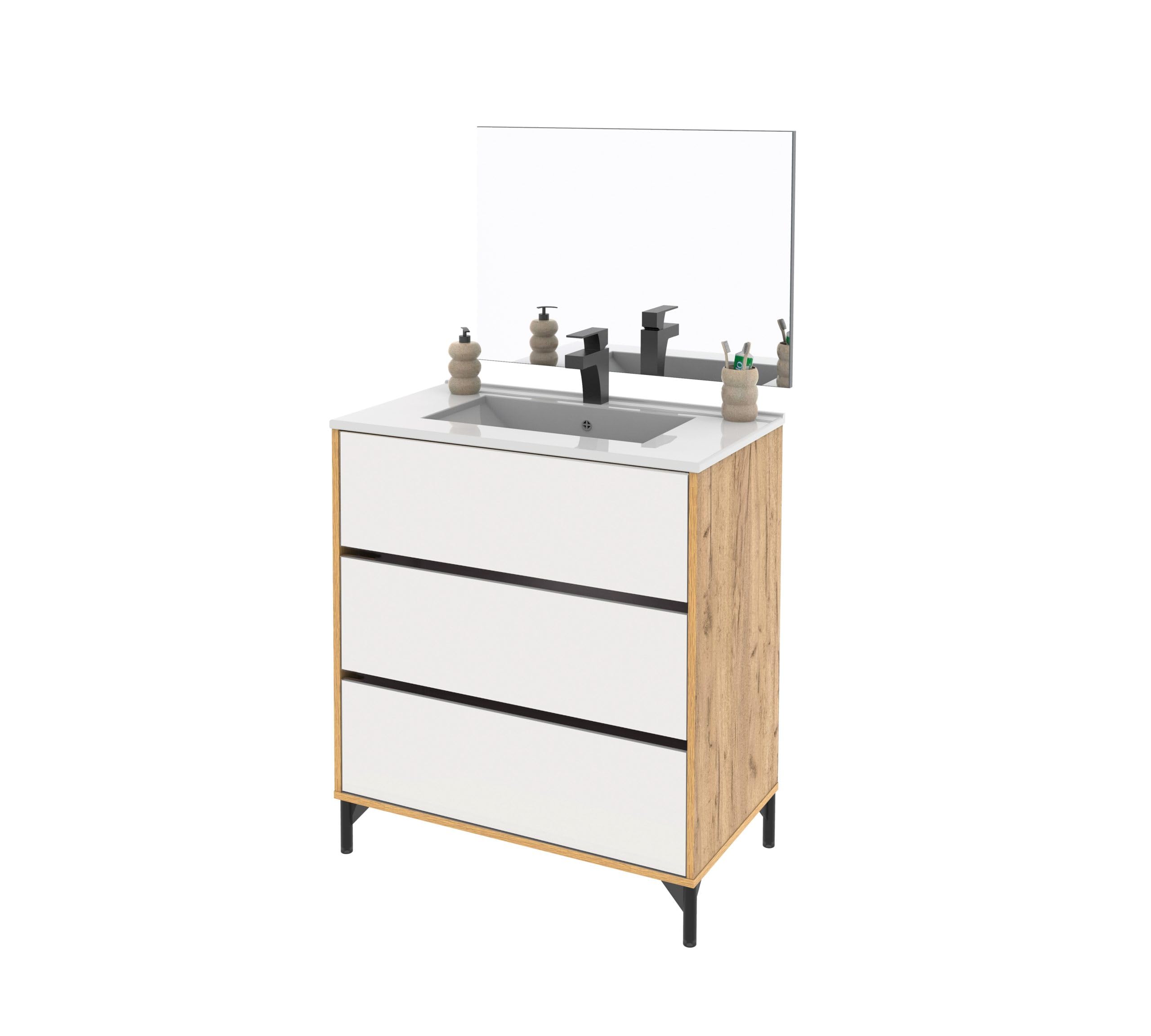 Mueble de Baño con Espejo Incluido, Roble Kraft/Blanco, 3 Cajones, 80cm, Ancho con Patas, para Lavabo encastrado NO Incluido, Estilo Moderno Modelo Elba