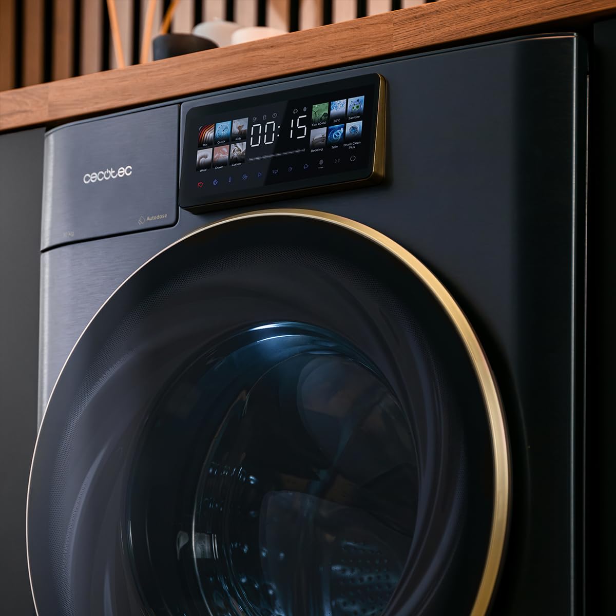 Cecotec Lavasciuga 10-6Kg Carica Frontale Bolero Wash&Dry 106950 Autodose Inverter 3D Titanium A. 1400 rpm, 13 Programmi, Motore Inverter Plus, Core Matrix Screen 9,2", Smooth Wash, Porta XXL