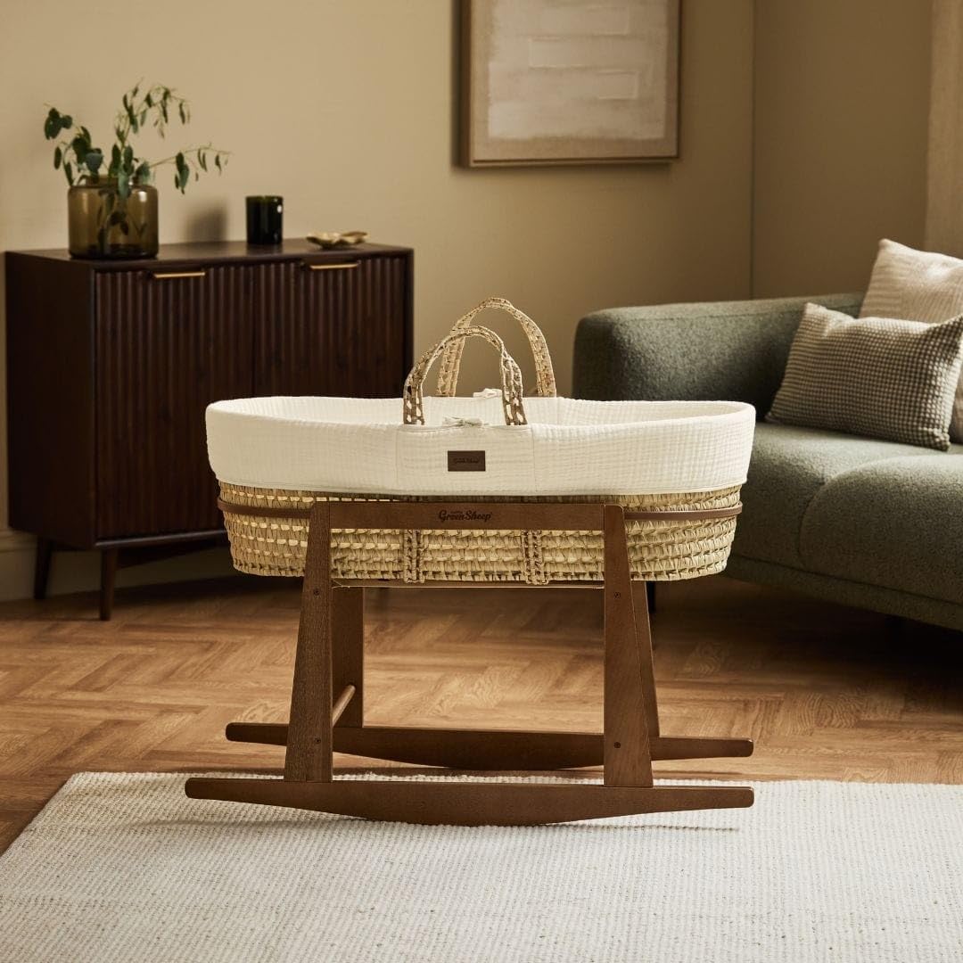 The Little Green Sheep Cotton Muslin Moses Basket Bundle, Ecru Newborn Baby Bassinet with Natural Mattress, Palm Leaf Carrycot and Walnut Rocking Wood Stand, Birth to 6 Months