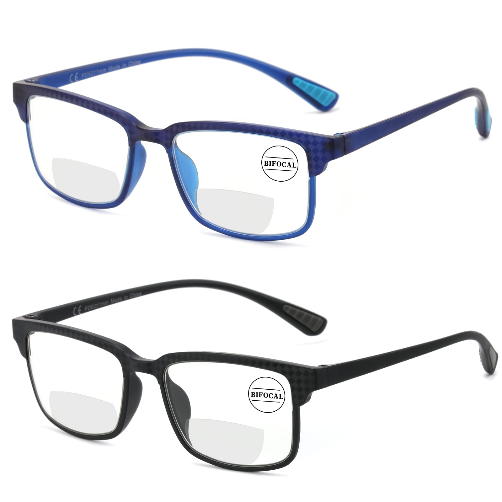 CARA 2er Set progressive Lesegläser Multifocus flexibel und leicht TR90 mit Blaulicht-Blockierung Bifokal Linse: schwarz und blau