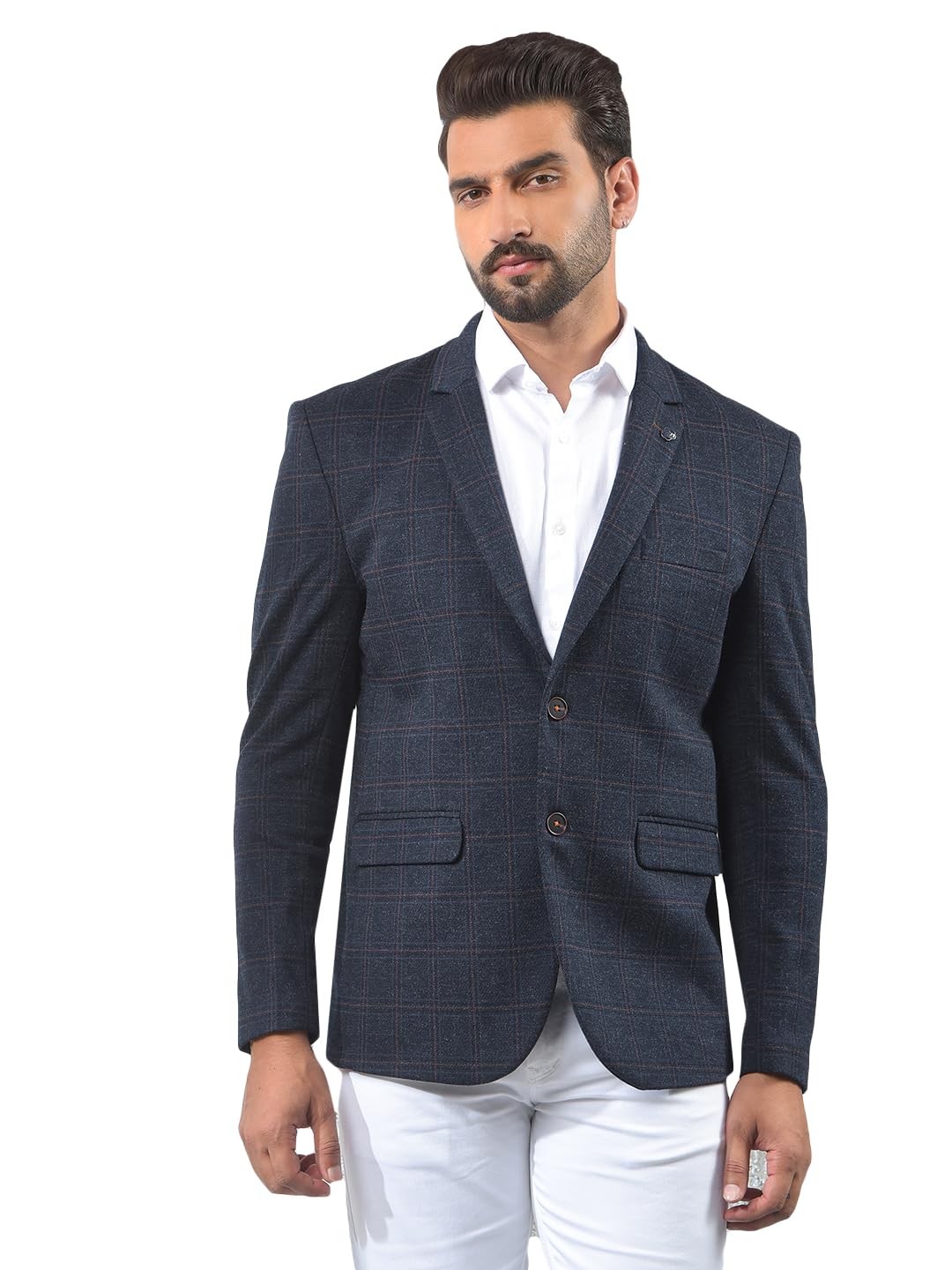crimsoune club Men's Navy Blue Checked Notched Lapel Single-Breasted Blazer-picture-12