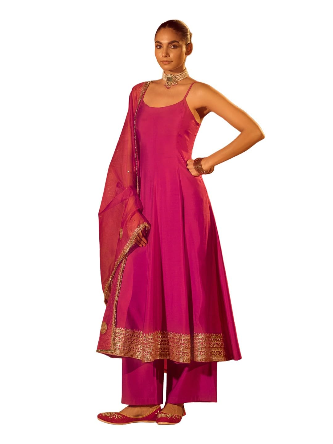 fiorra Women’s Pink Viscose Chanderi Embroidered & Gota Patti Work Ethnic A-Line Kurta Set with Dupatta-picture-35