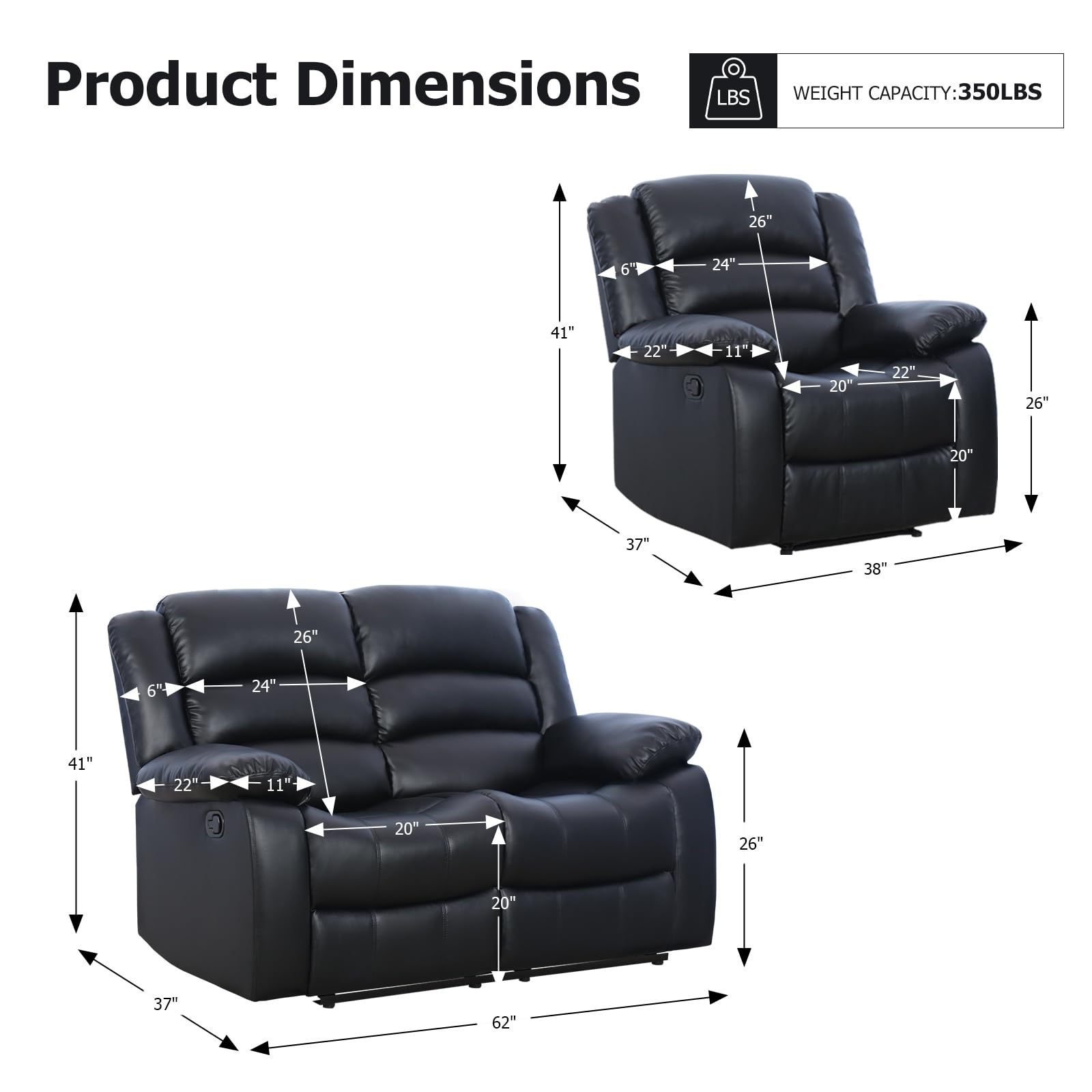 EBELLO Manual Faux Leather Reclining Couch Set for Living Room, Include 1 Recliner Chair, 1 Loveseat Sofa, Recliner Sofa Furniture Set for Home and Office, Black view 2