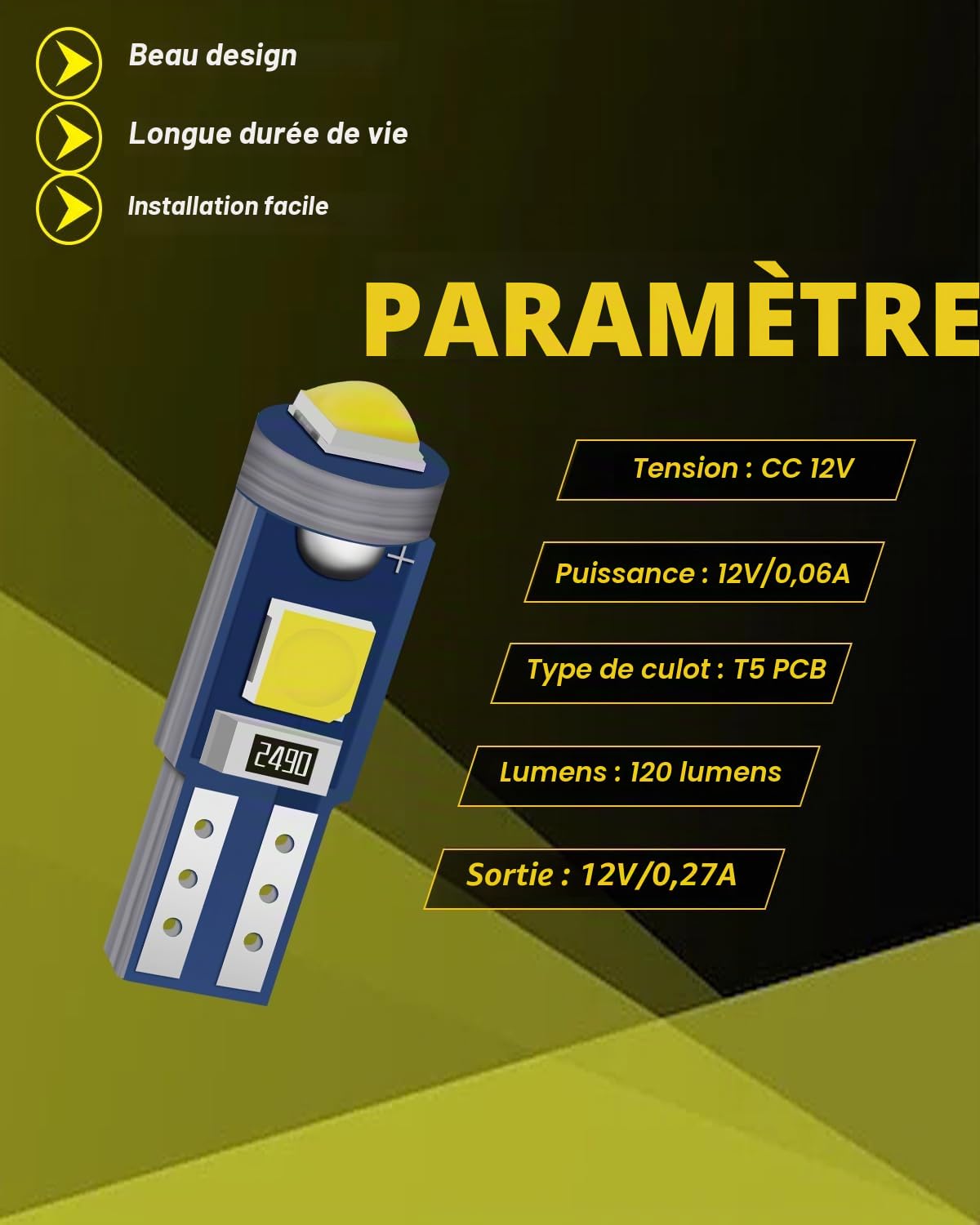 YONGMING Ampoule LED T5 74 W3W 2721 3030 SMD Blanc Tableau Bord 12V | 120LM Par Ampoule, Éclairage 360° Sans Zone Sombre Pour Compteur Intérieur Auto Installation Facile