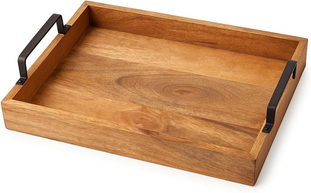 Assorted Collections Wooden Tray with Cast Handles – Premium Quality Decorative Serving Tray for Coffee Table – Wooden Snack Tray Versatile for Meal Service, Home Decor & Entertaining (Small)