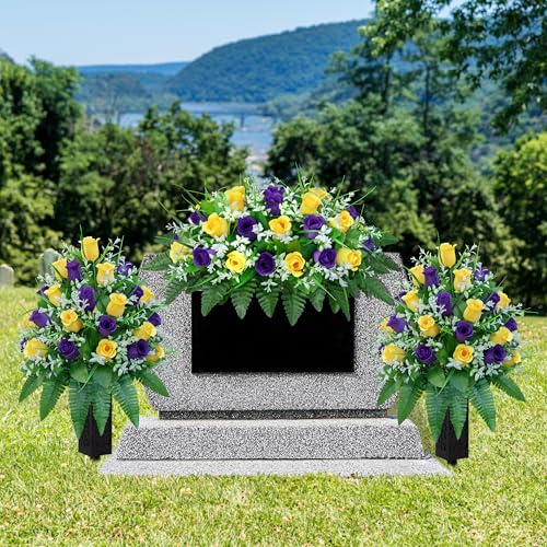 LVXINLI Artificial Cemetery Flowers Saddle-Shaped Tombstone Decorations Non-Fading UV-Resistant（ Yellow+Purple Saddle） image 4