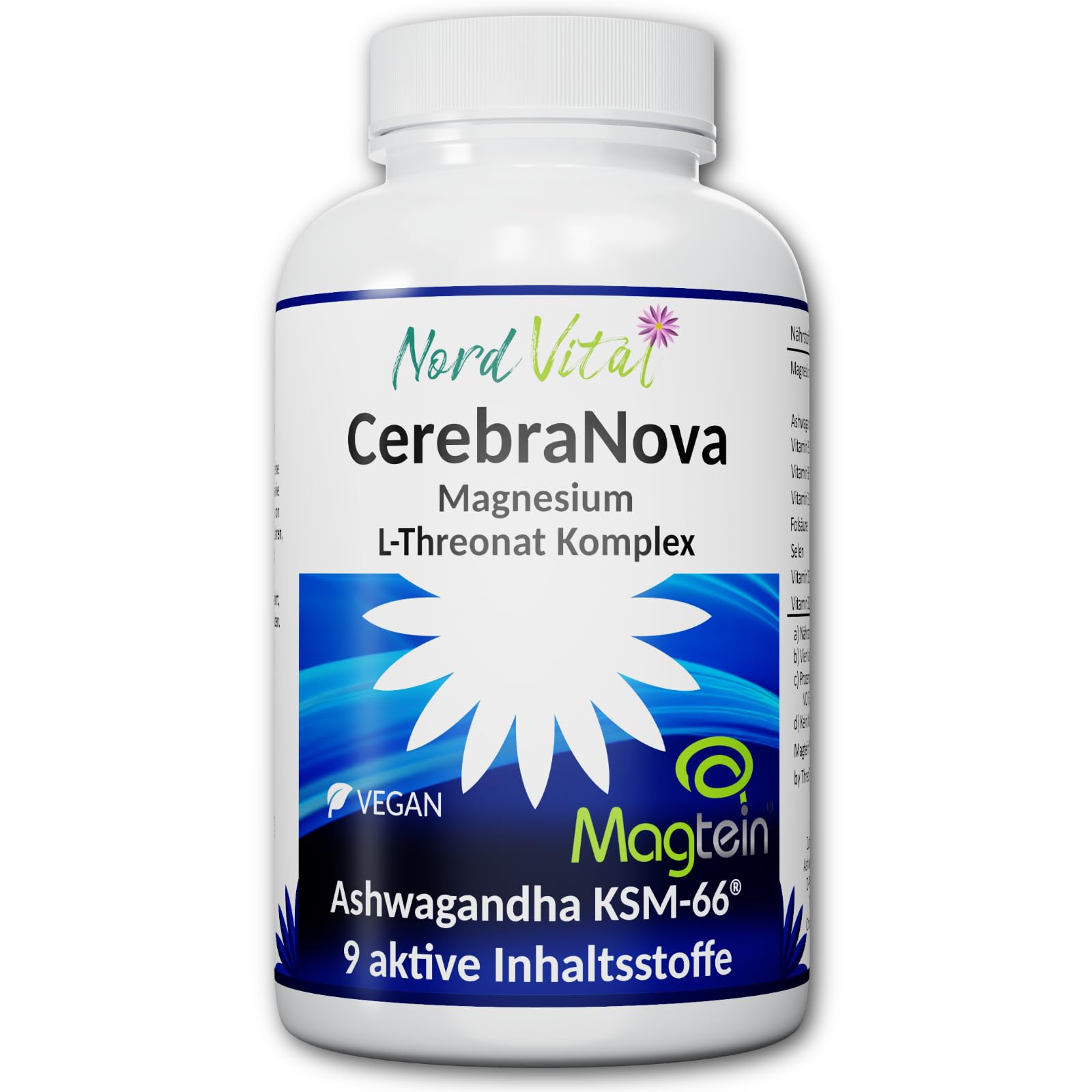 Magnesium Threonate - Magtein & Ashwagandha Komplex – Hochdosiert mit 2000 mg Magtein, 600 mg Ashwagandha KSM-66®, Vitaminen B1, B5, B6, B9, B12, D & Selen – Nord Vital Cerebra Nova - 120 Kapseln