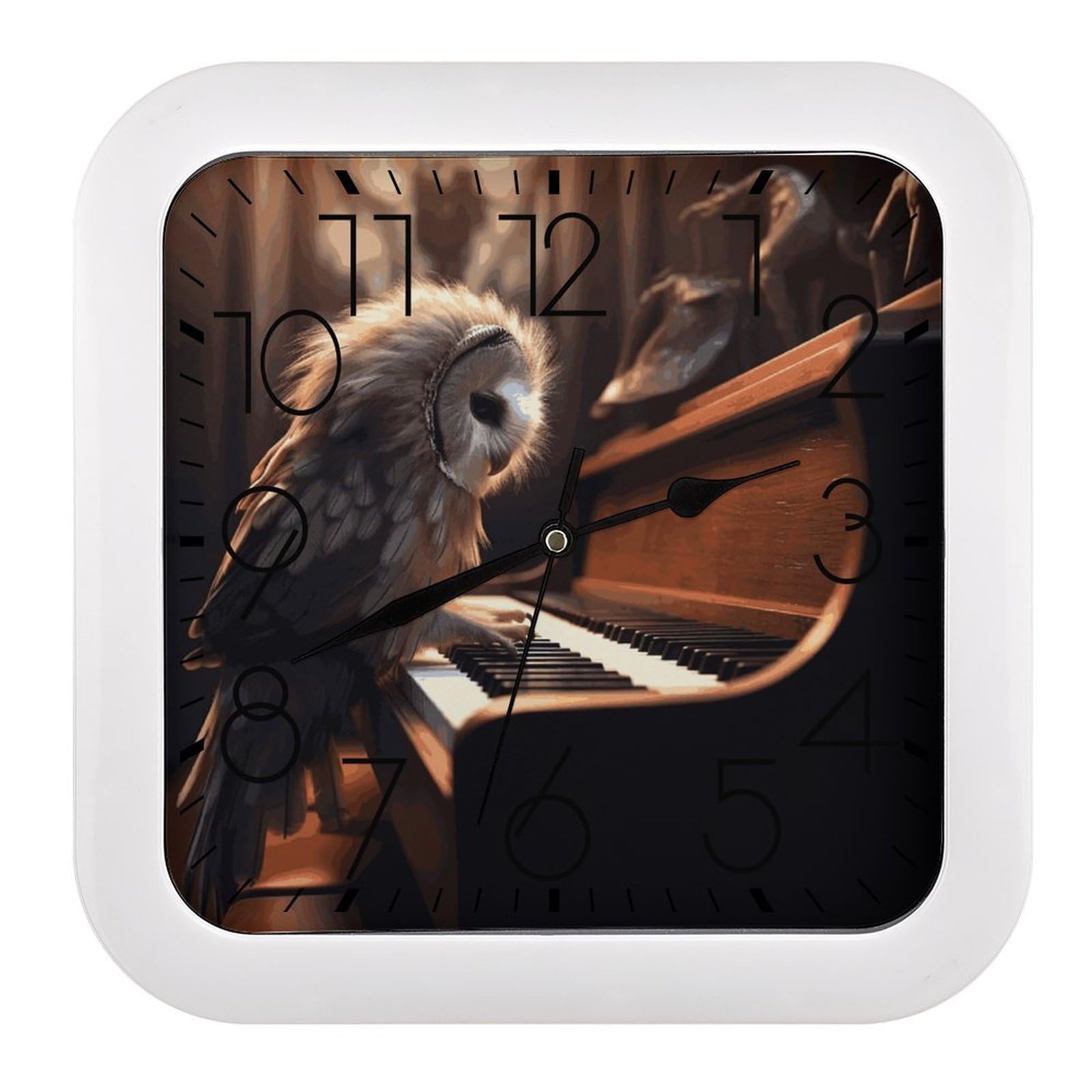 LDGSUPH Owl Plays Piano Wall Clock Silent Non-Ticking Modern Clock Personalized Vintage Square Clocks for Travel Office Kitchen Home Decorative Clocks 10.2 Inch