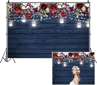 8x6ft Burgundy Floral Navy Wood Backdrop Rustic Blue Wood Jars Burgundy Flower Photography Background for Bridal Shower Wedding Anniversary Birthday Party Decoration Photo Studio Props